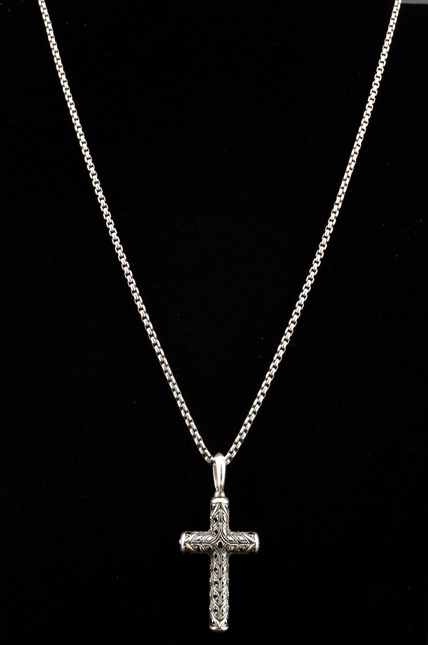David Yurman Black Diamond Chevron Cross Pendant on 20" Sterling Silver D.Y. Box Chain