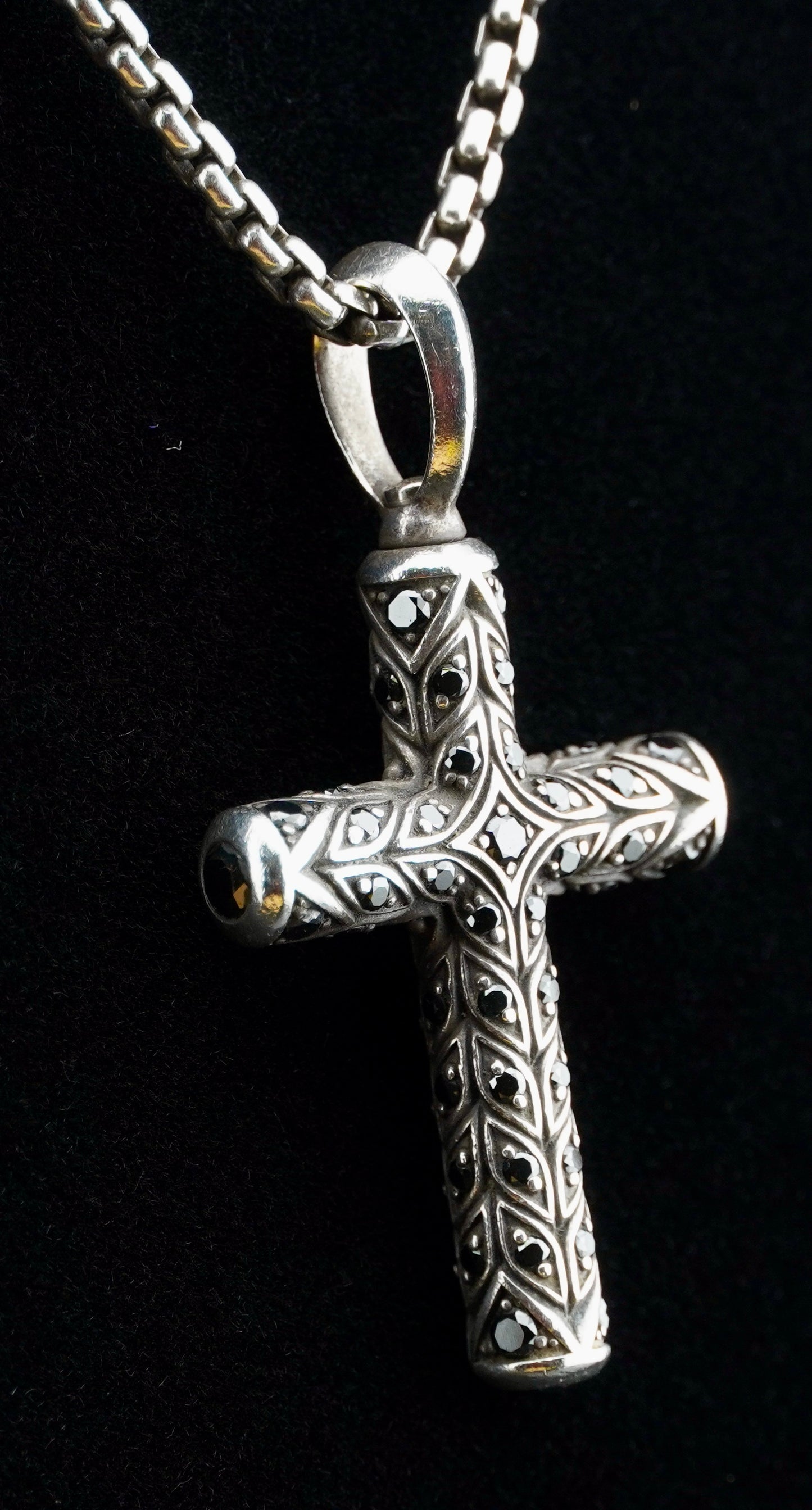 David Yurman Black Diamond Chevron Cross Pendant on 20" Sterling Silver D.Y. Box Chain
