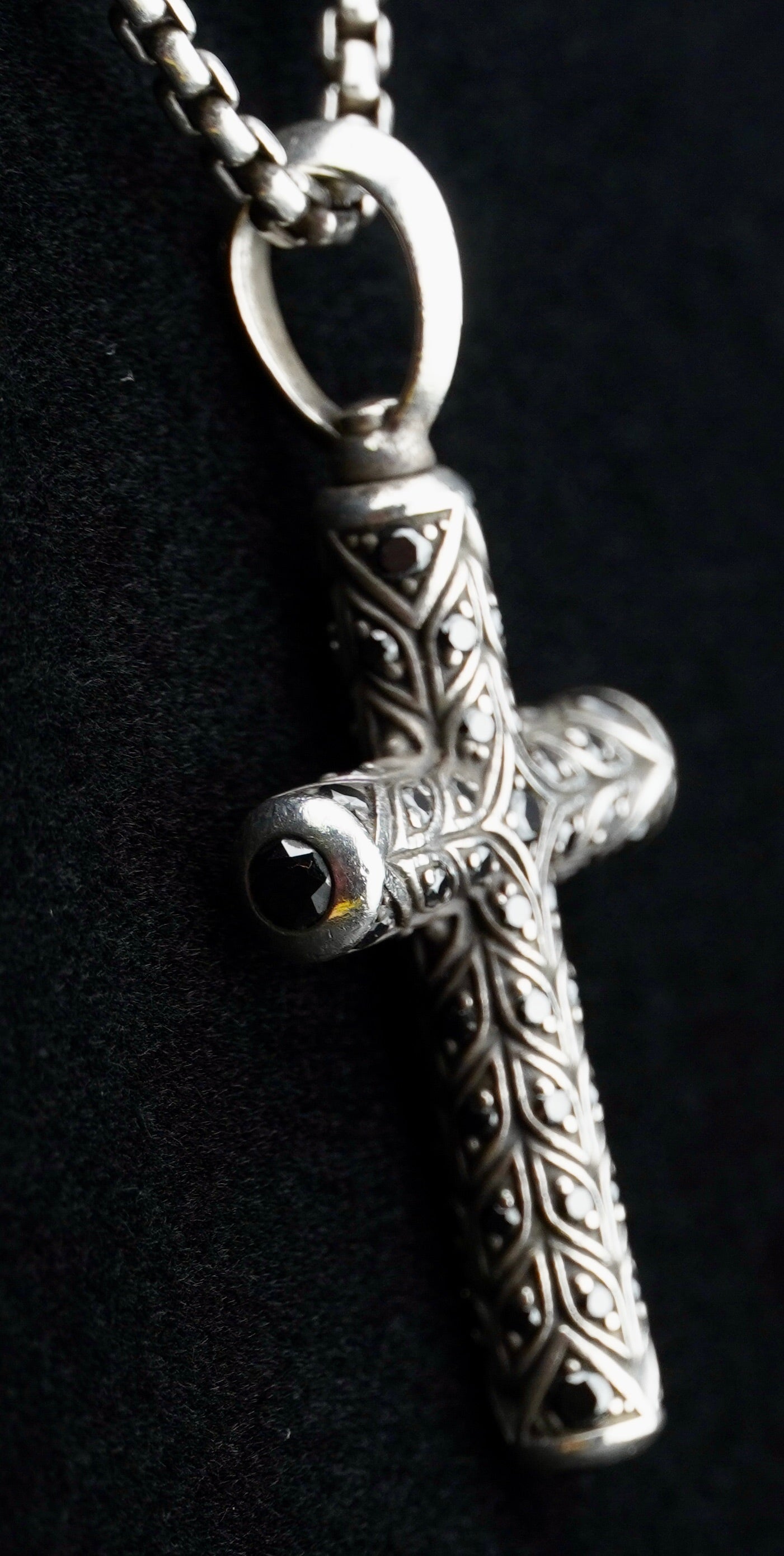 David Yurman Black Diamond Chevron Cross Pendant on 20" Sterling Silver D.Y. Box Chain