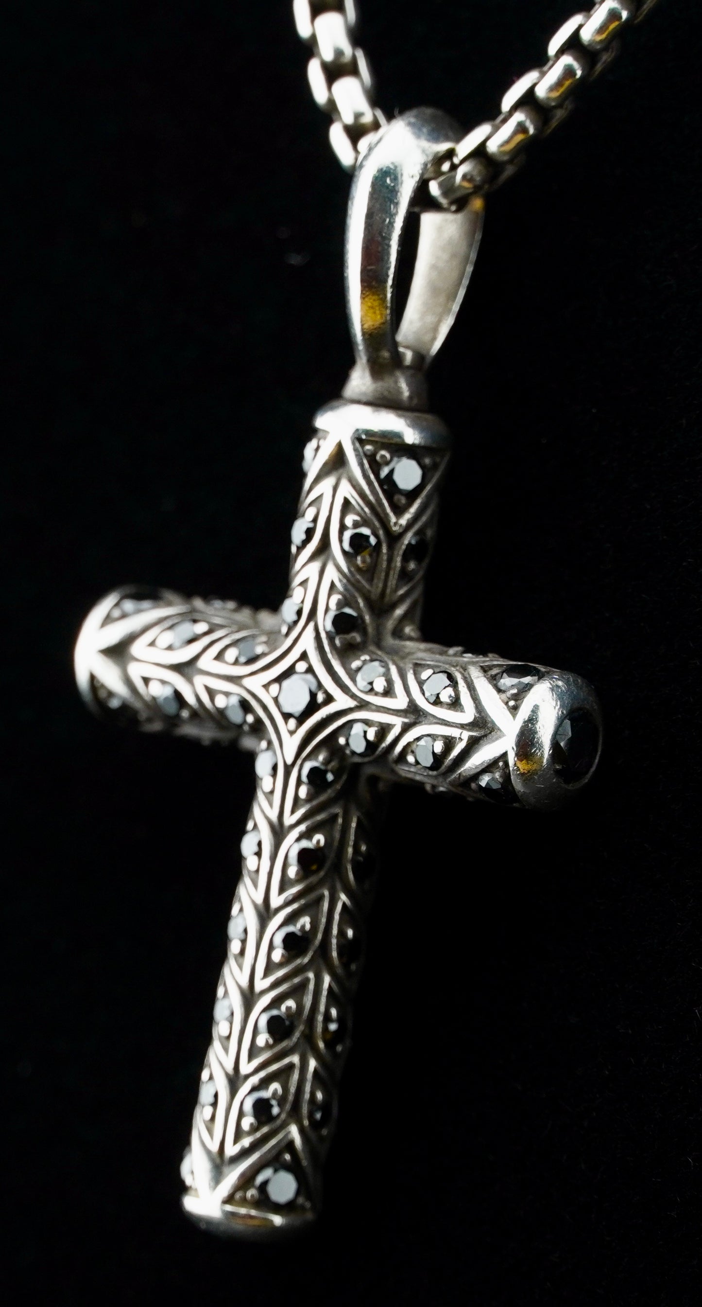 David Yurman Black Diamond Chevron Cross Pendant on 20" Sterling Silver D.Y. Box Chain