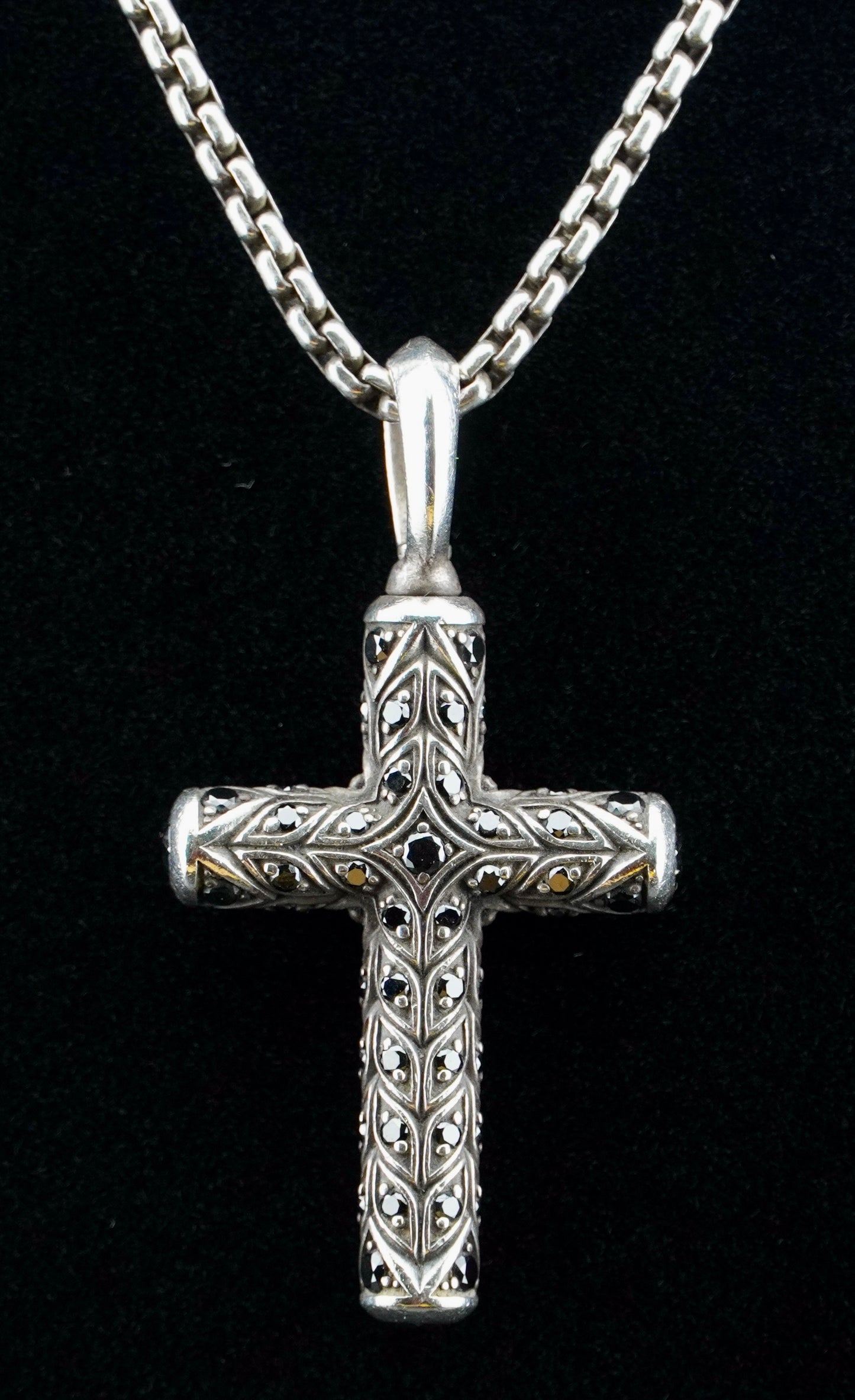 David Yurman Black Diamond Chevron Cross Pendant on 20" Sterling Silver D.Y. Box Chain