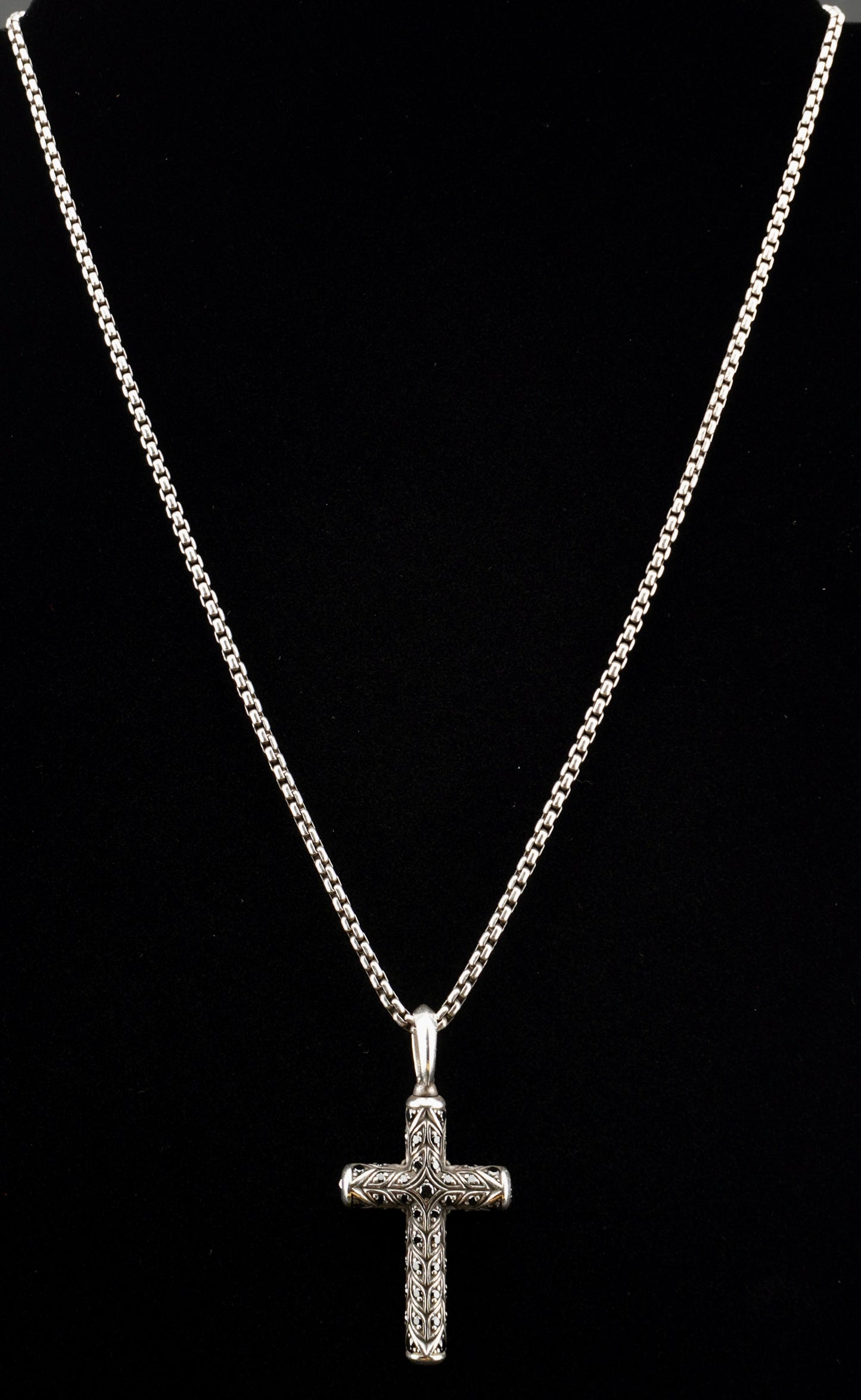 David Yurman Black Diamond Chevron Cross Pendant on 20" Sterling Silver D.Y. Box Chain