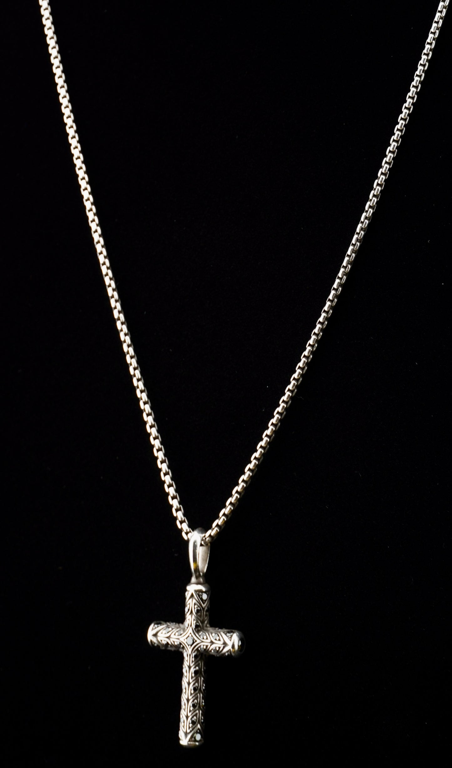 David Yurman Black Diamond Chevron Cross Pendant on 20" Sterling Silver D.Y. Box Chain