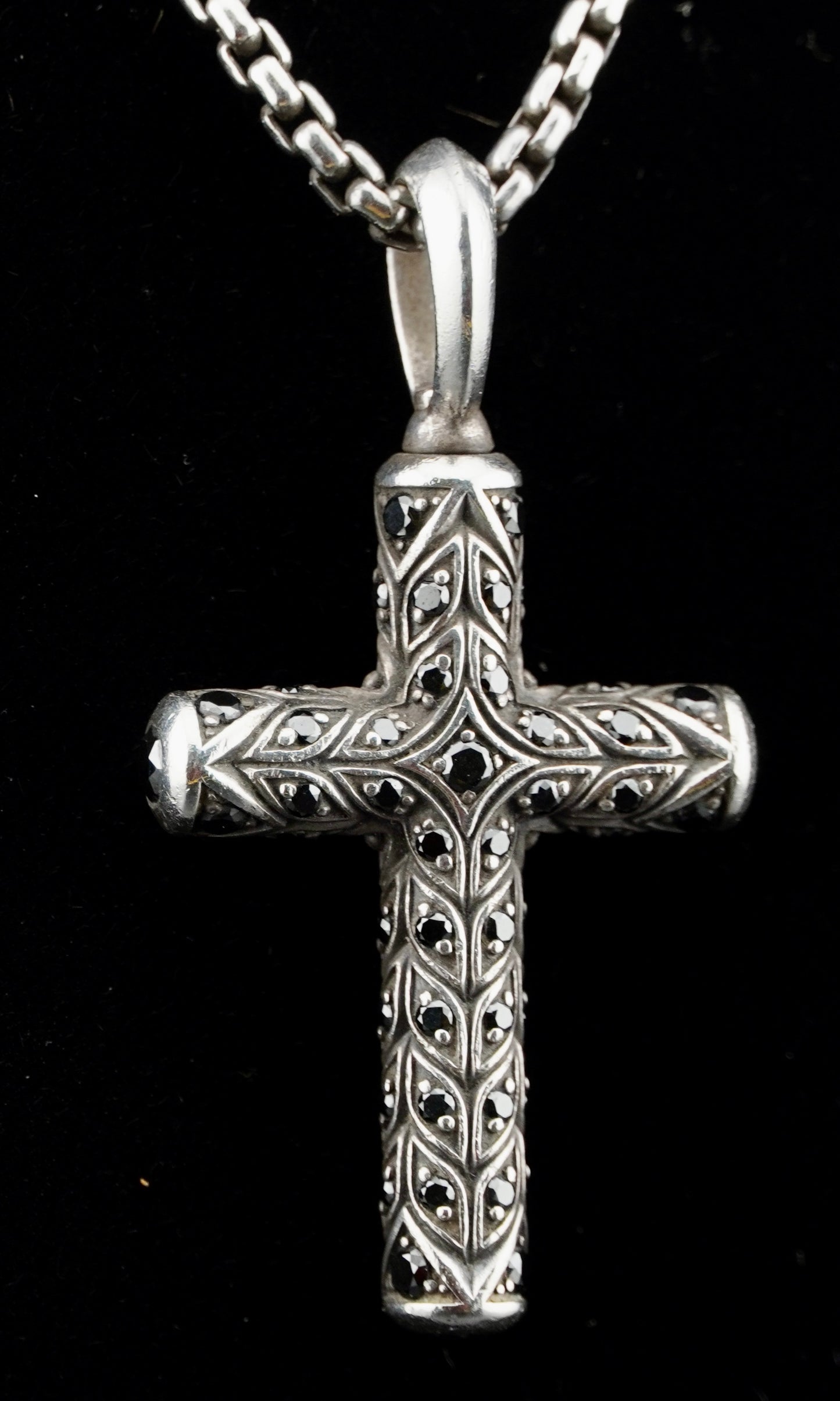 David Yurman Black Diamond Chevron Cross Pendant on 20" Sterling Silver D.Y. Box Chain