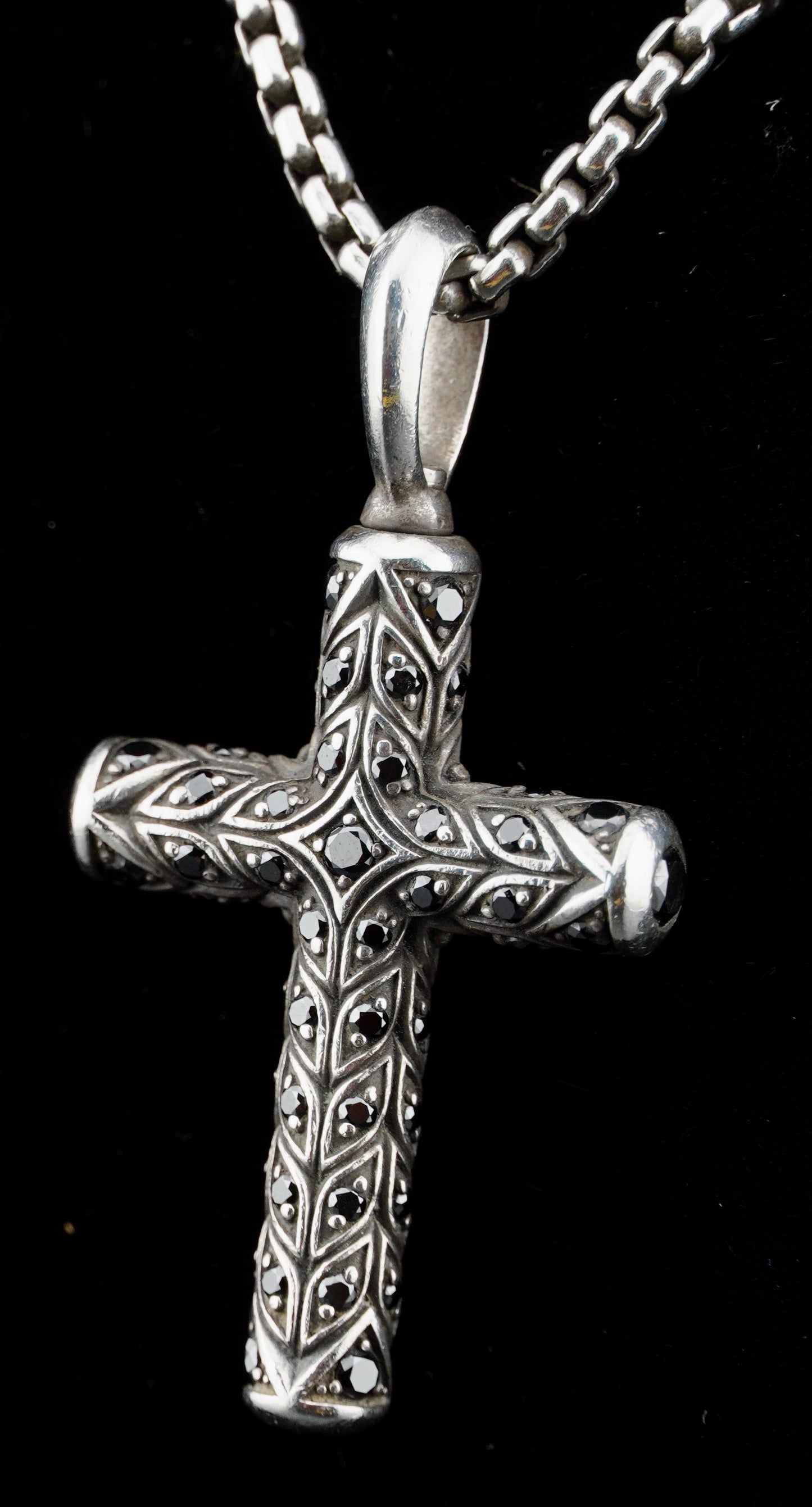 David Yurman Black Diamond Chevron Cross Pendant on 20" Sterling Silver D.Y. Box Chain