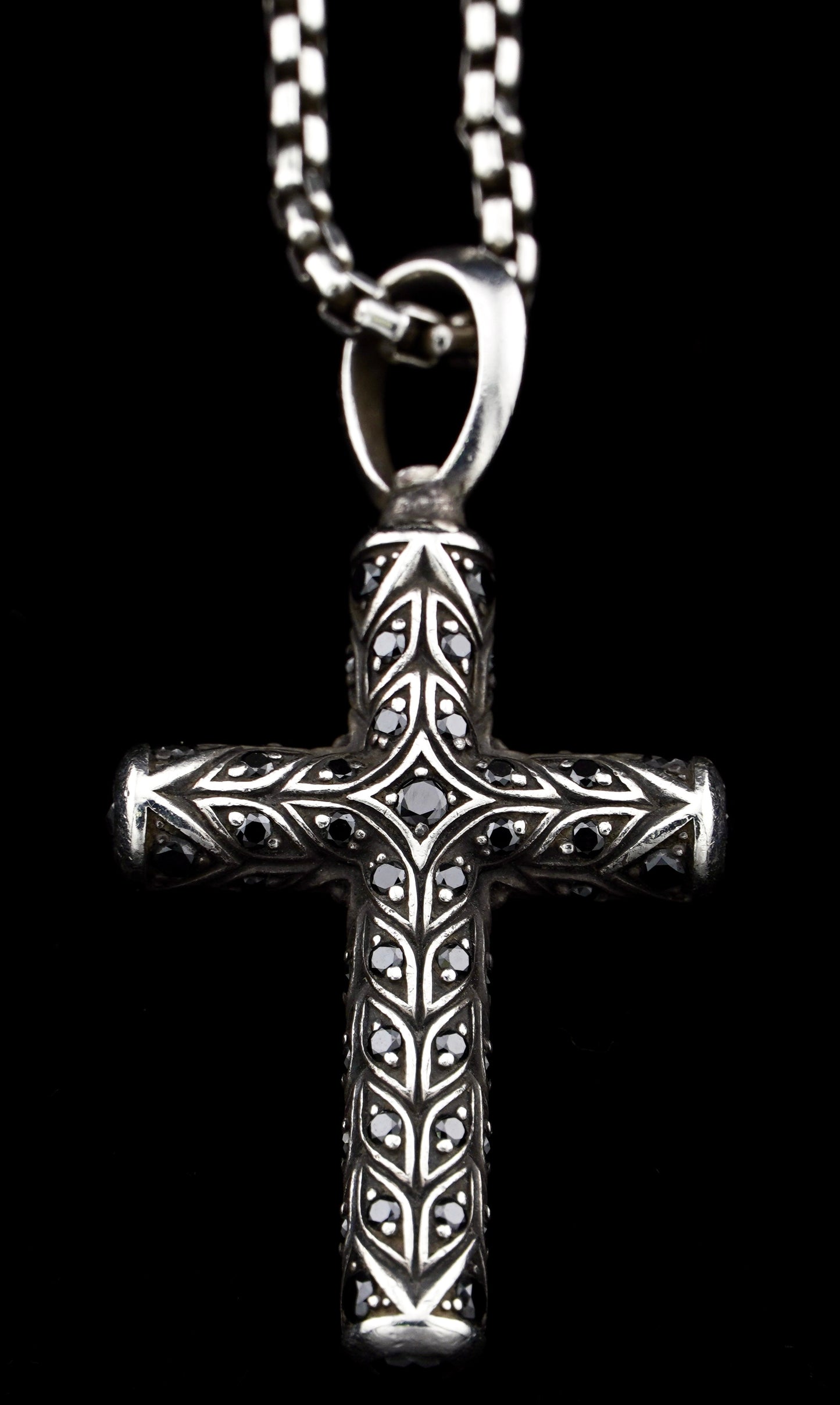 David Yurman Black Diamond Chevron Cross Pendant on 20" Sterling Silver D.Y. Box Chain