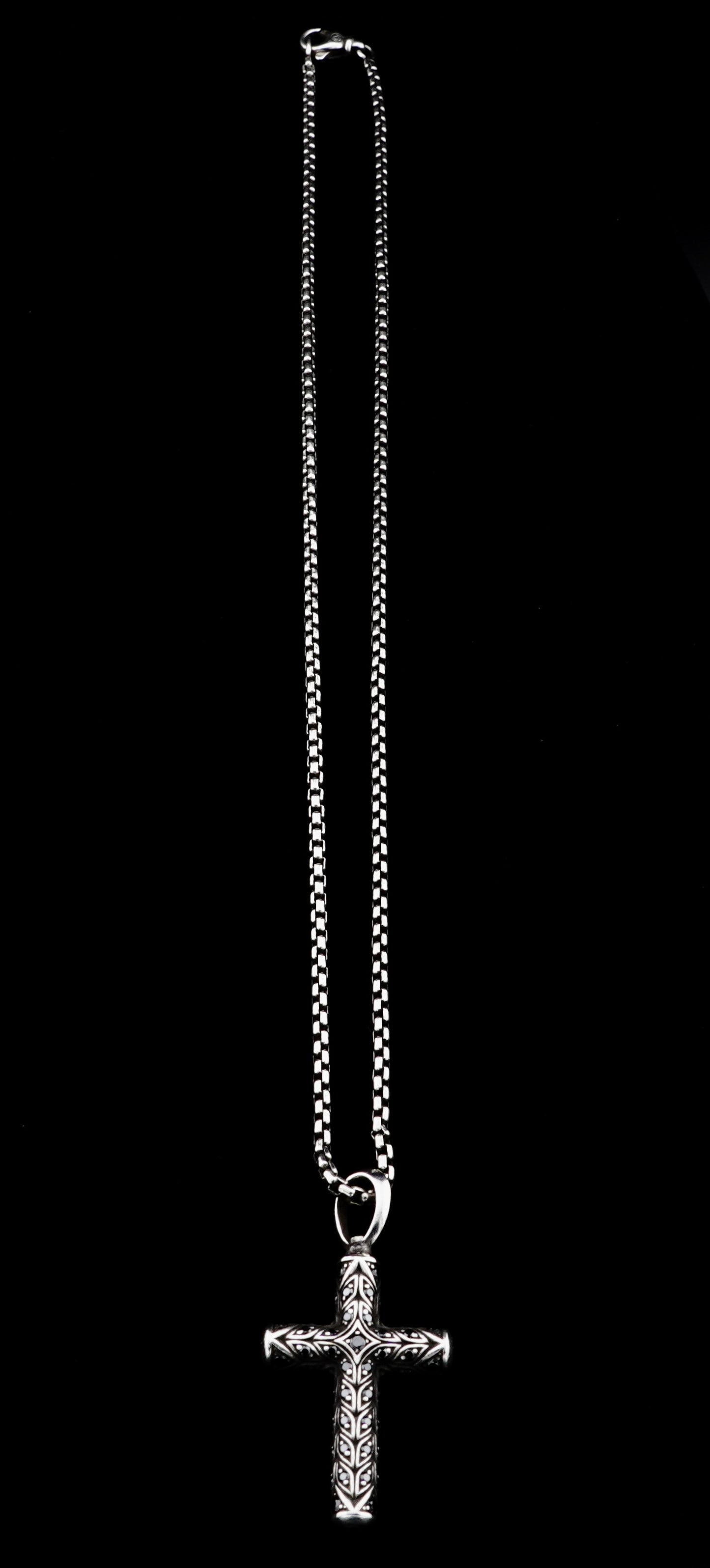 David Yurman Black Diamond Chevron Cross Pendant on 20" Sterling Silver D.Y. Box Chain