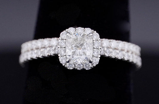 0.51Ct Cushion H VS2 Diamond in a Platinum Halo Setting with 36= .36ctw Round Brilliant G VS Diamonds Paired with a 28=.03ctw Round Brilliant G VS Diamond Platinum Wedding Band SIZE 6.5