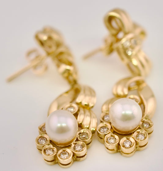 Charming Cultured Pearl and Diamond Dangles in 14kt Yellow Gold