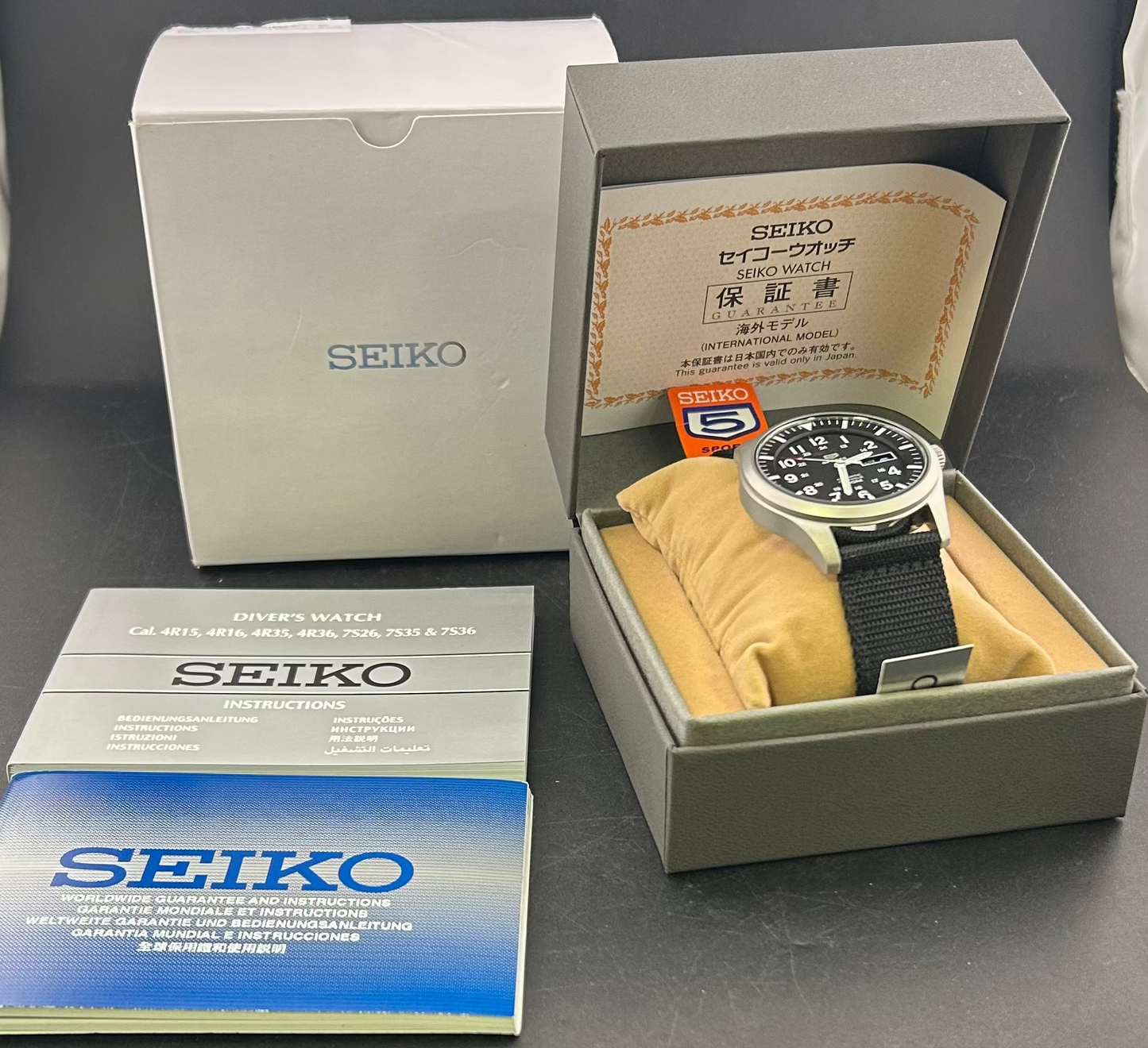 SEIKO 5 SPORTS Automatic SNZG15J1 Black Dial Black Vinyl Strap Stainless Steel Men's Watch