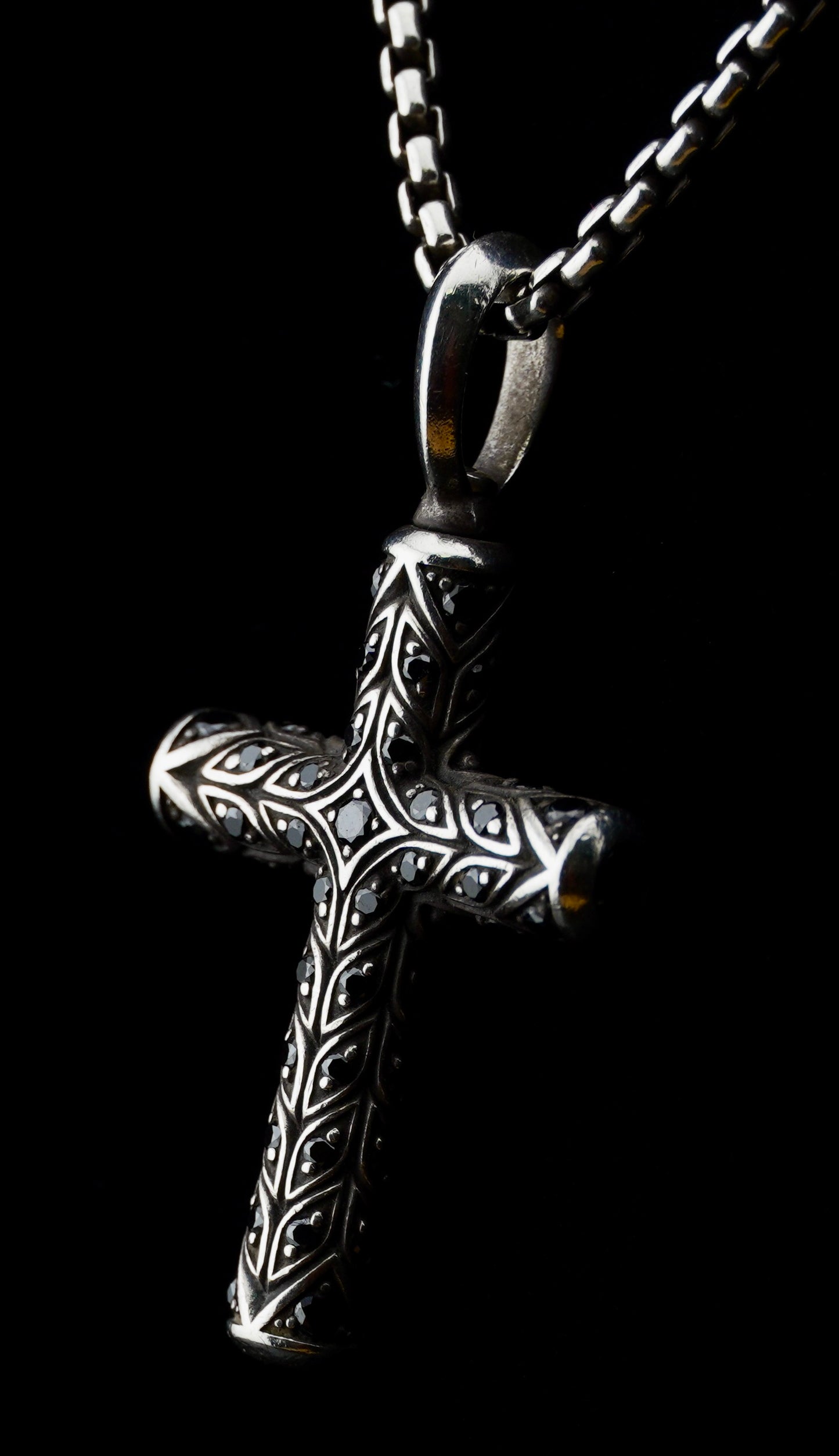 David Yurman Black Diamond Chevron Cross Pendant on 20" Sterling Silver D.Y. Box Chain