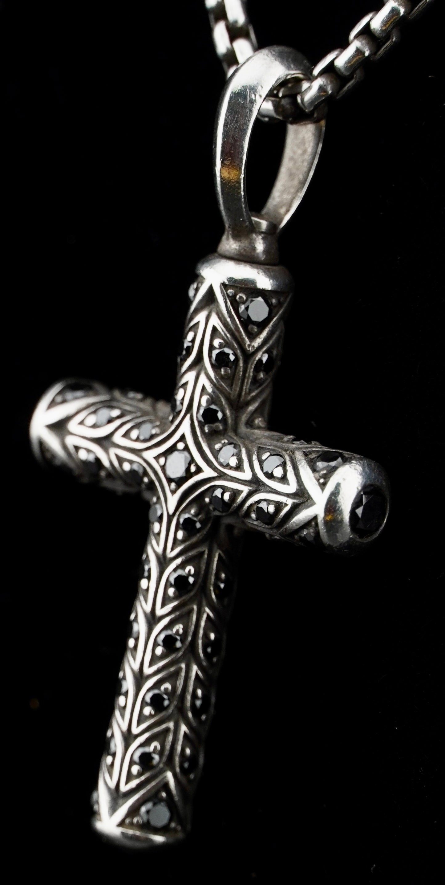 David Yurman Black Diamond Chevron Cross Pendant on 20" Sterling Silver D.Y. Box Chain
