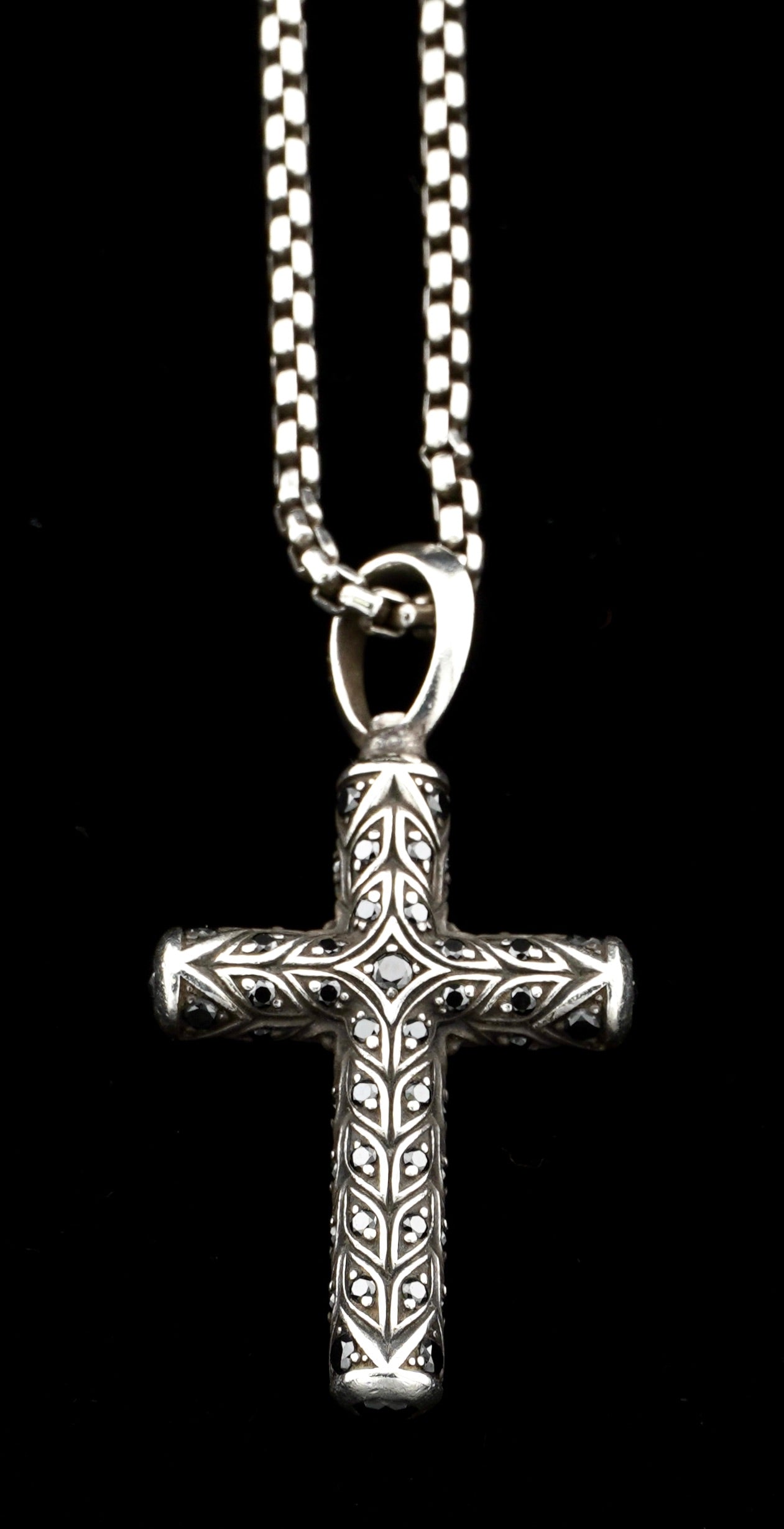 David Yurman Black Diamond Chevron Cross Pendant on 20" Sterling Silver D.Y. Box Chain