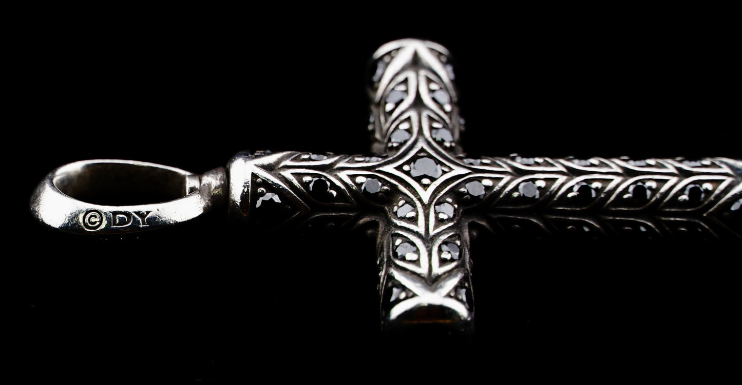 David Yurman Black Diamond Chevron Cross Pendant on 20" Sterling Silver D.Y. Box Chain