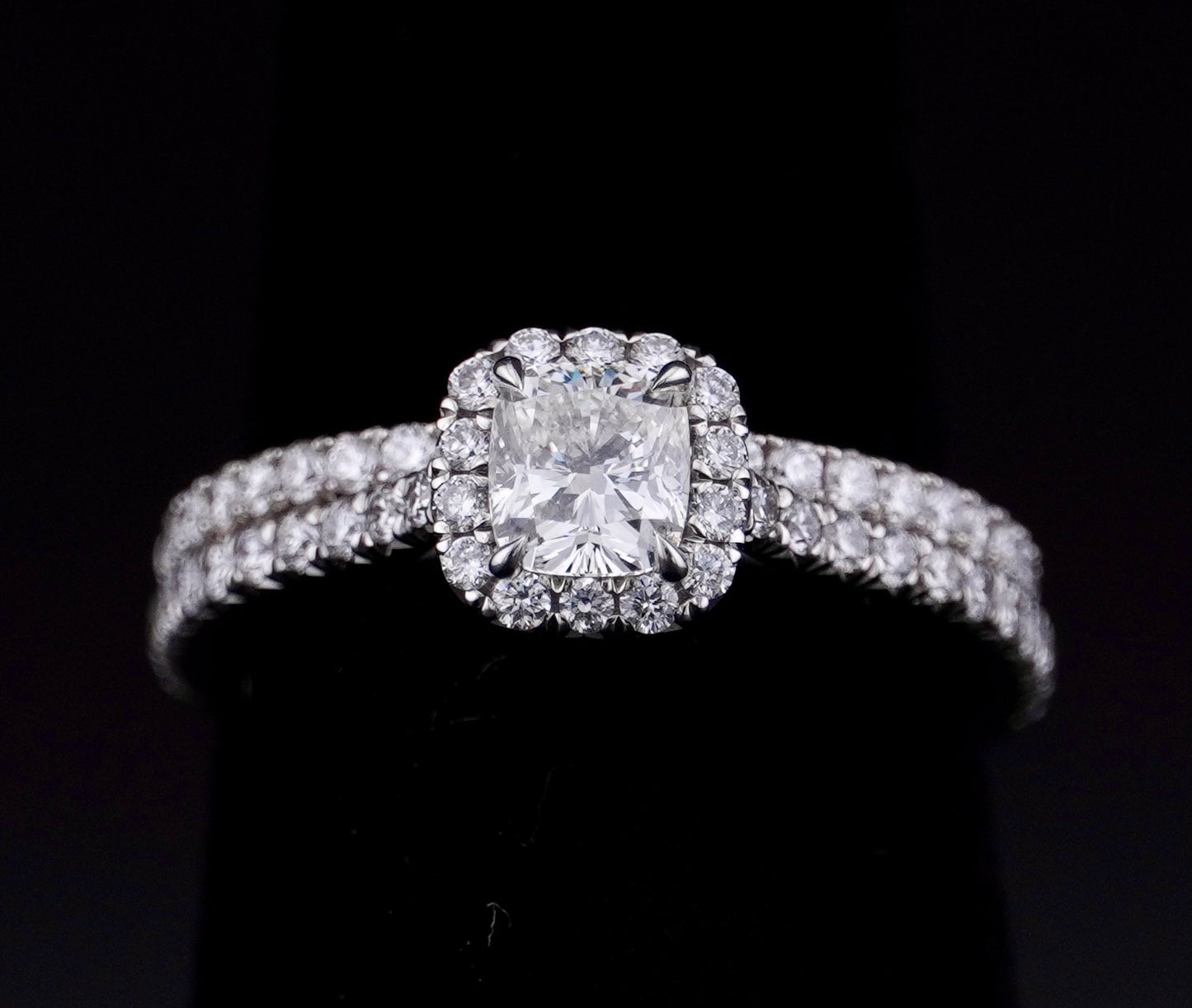 0.51Ct Cushion H VS2 Diamond in a Platinum Halo Setting with 36= .36ctw Round Brilliant G VS Diamonds Paired with a 28=.03ctw Round Brilliant G VS Diamond Platinum Wedding Band SIZE 6.5