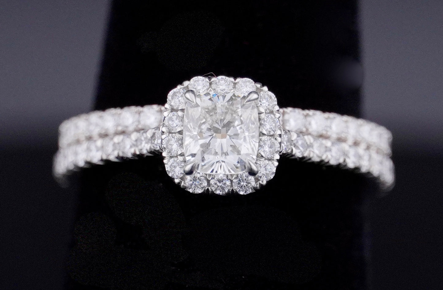 0.51Ct Cushion H VS2 Diamond in a Platinum Halo Setting with 36= .36ctw Round Brilliant G VS Diamonds Paired with a 28=.03ctw Round Brilliant G VS Diamond Platinum Wedding Band SIZE 6.5