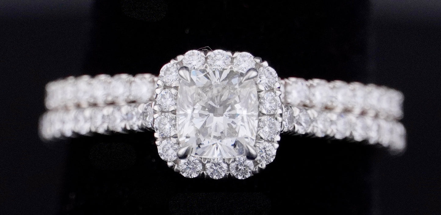 0.51Ct Cushion H VS2 Diamond in a Platinum Halo Setting with 36= .36ctw Round Brilliant G VS Diamonds Paired with a 28=.03ctw Round Brilliant G VS Diamond Platinum Wedding Band SIZE 6.5