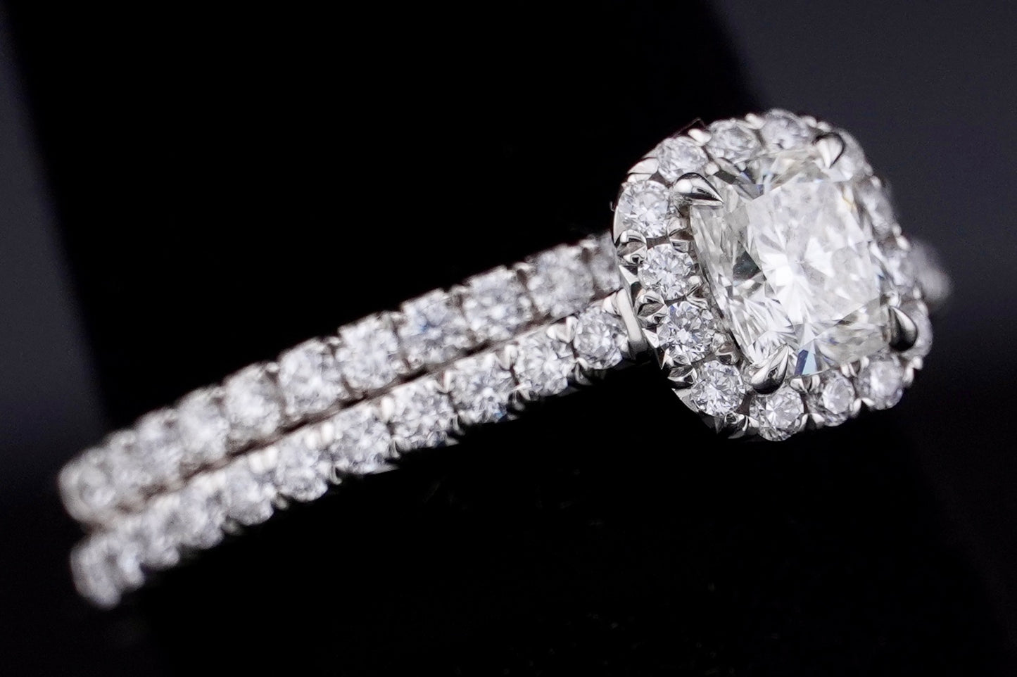 0.51Ct Cushion H VS2 Diamond in a Platinum Halo Setting with 36= .36ctw Round Brilliant G VS Diamonds Paired with a 28=.03ctw Round Brilliant G VS Diamond Platinum Wedding Band SIZE 6.5