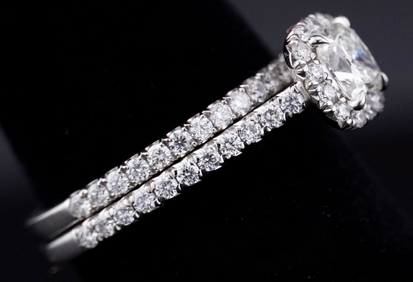 0.51Ct Cushion H VS2 Diamond in a Platinum Halo Setting with 36= .36ctw Round Brilliant G VS Diamonds Paired with a 28=.03ctw Round Brilliant G VS Diamond Platinum Wedding Band SIZE 6.5