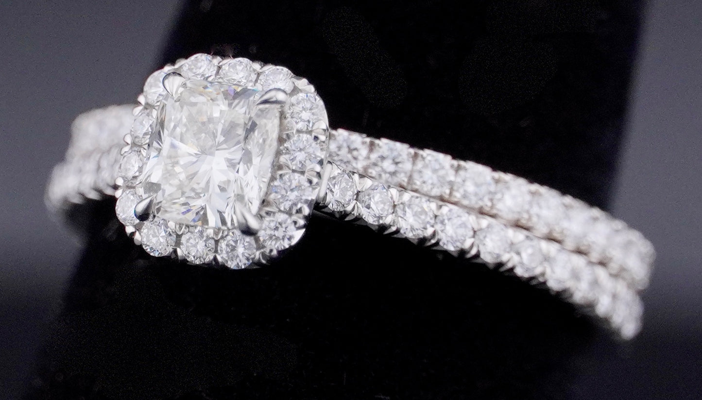 0.51Ct Cushion H VS2 Diamond in a Platinum Halo Setting with 36= .36ctw Round Brilliant G VS Diamonds Paired with a 28=.03ctw Round Brilliant G VS Diamond Platinum Wedding Band SIZE 6.5