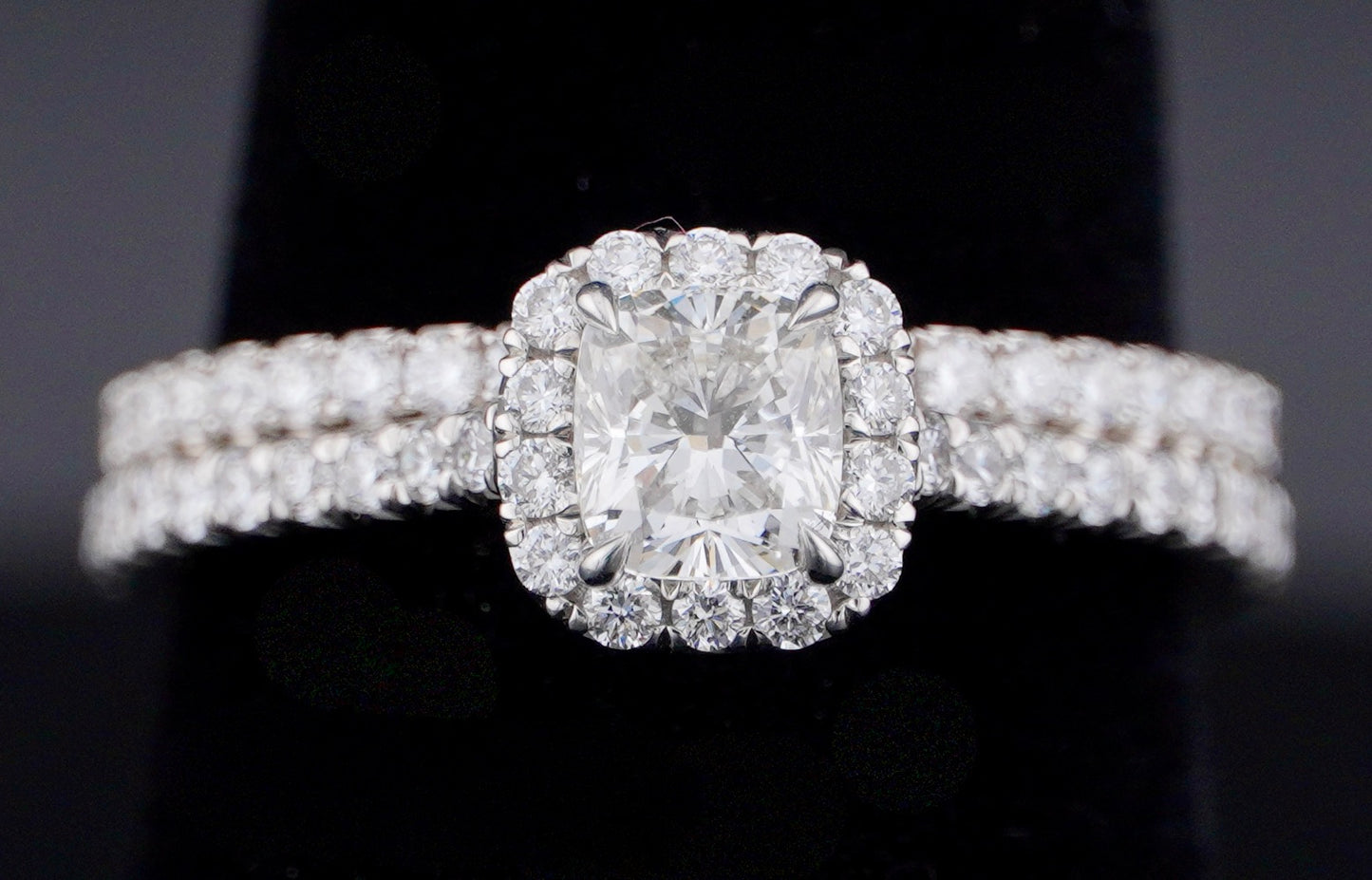 0.51Ct Cushion H VS2 Diamond in a Platinum Halo Setting with 36= .36ctw Round Brilliant G VS Diamonds Paired with a 28=.03ctw Round Brilliant G VS Diamond Platinum Wedding Band SIZE 6.5