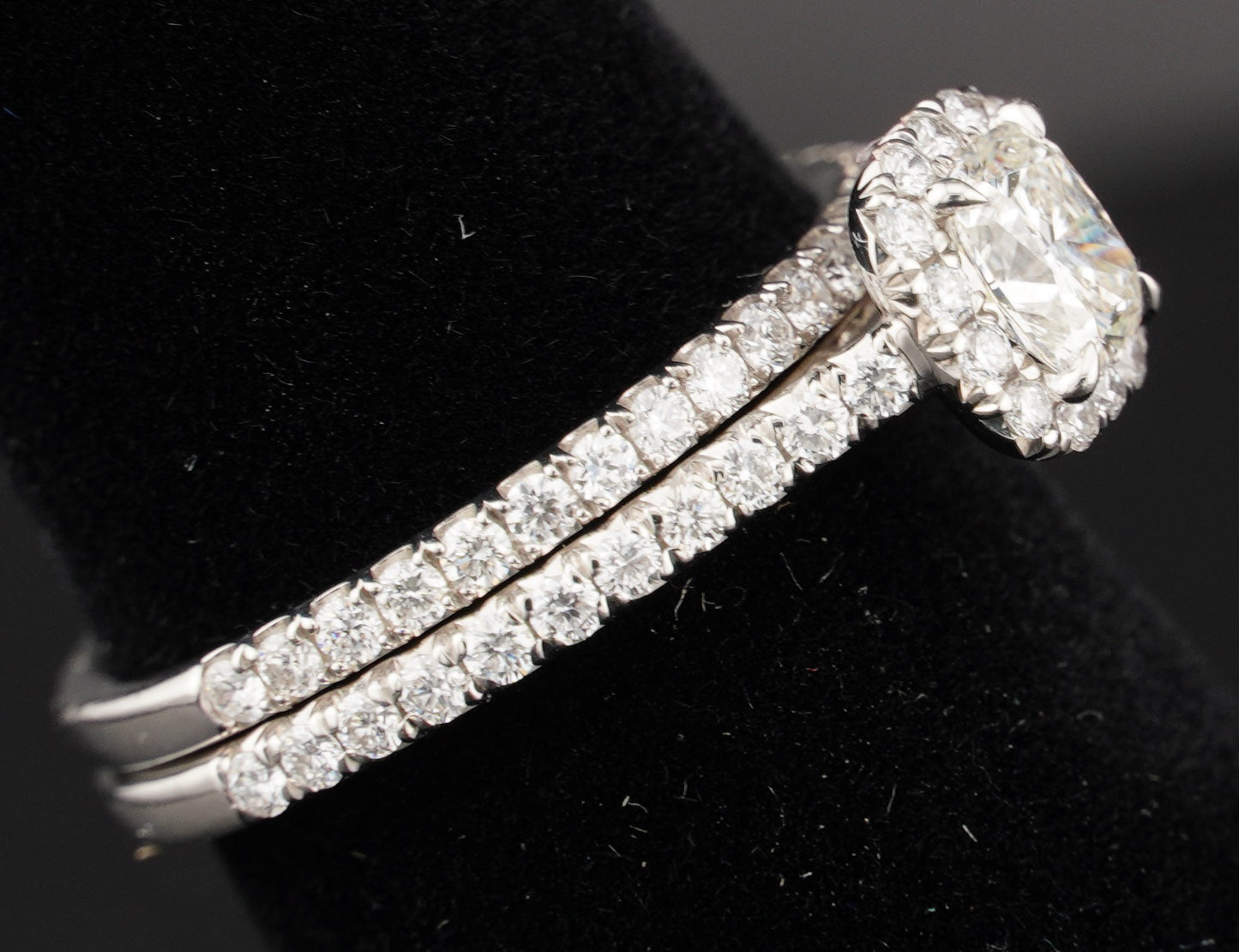 0.51Ct Cushion H VS2 Diamond in a Platinum Halo Setting with 36= .36ctw Round Brilliant G VS Diamonds Paired with a 28=.03ctw Round Brilliant G VS Diamond Platinum Wedding Band SIZE 6.5