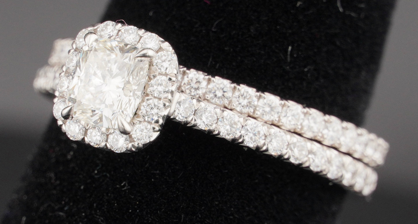 0.51Ct Cushion H VS2 Diamond in a Platinum Halo Setting with 36= .36ctw Round Brilliant G VS Diamonds Paired with a 28=.03ctw Round Brilliant G VS Diamond Platinum Wedding Band SIZE 6.5