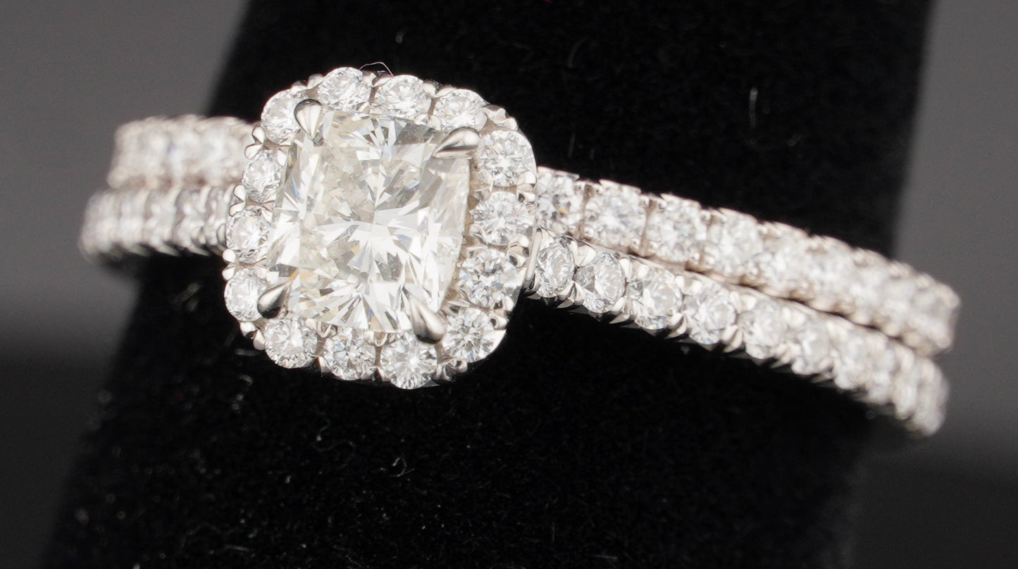0.51Ct Cushion H VS2 Diamond in a Platinum Halo Setting with 36= .36ctw Round Brilliant G VS Diamonds Paired with a 28=.03ctw Round Brilliant G VS Diamond Platinum Wedding Band SIZE 6.5