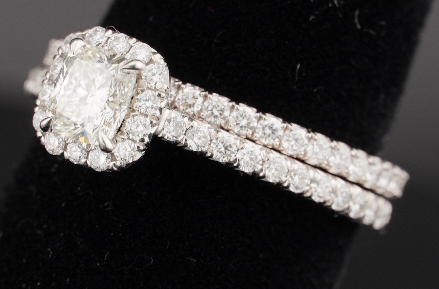 0.51Ct Cushion H VS2 Diamond in a Platinum Halo Setting with 36= .36ctw Round Brilliant G VS Diamonds Paired with a 28=.03ctw Round Brilliant G VS Diamond Platinum Wedding Band SIZE 6.5