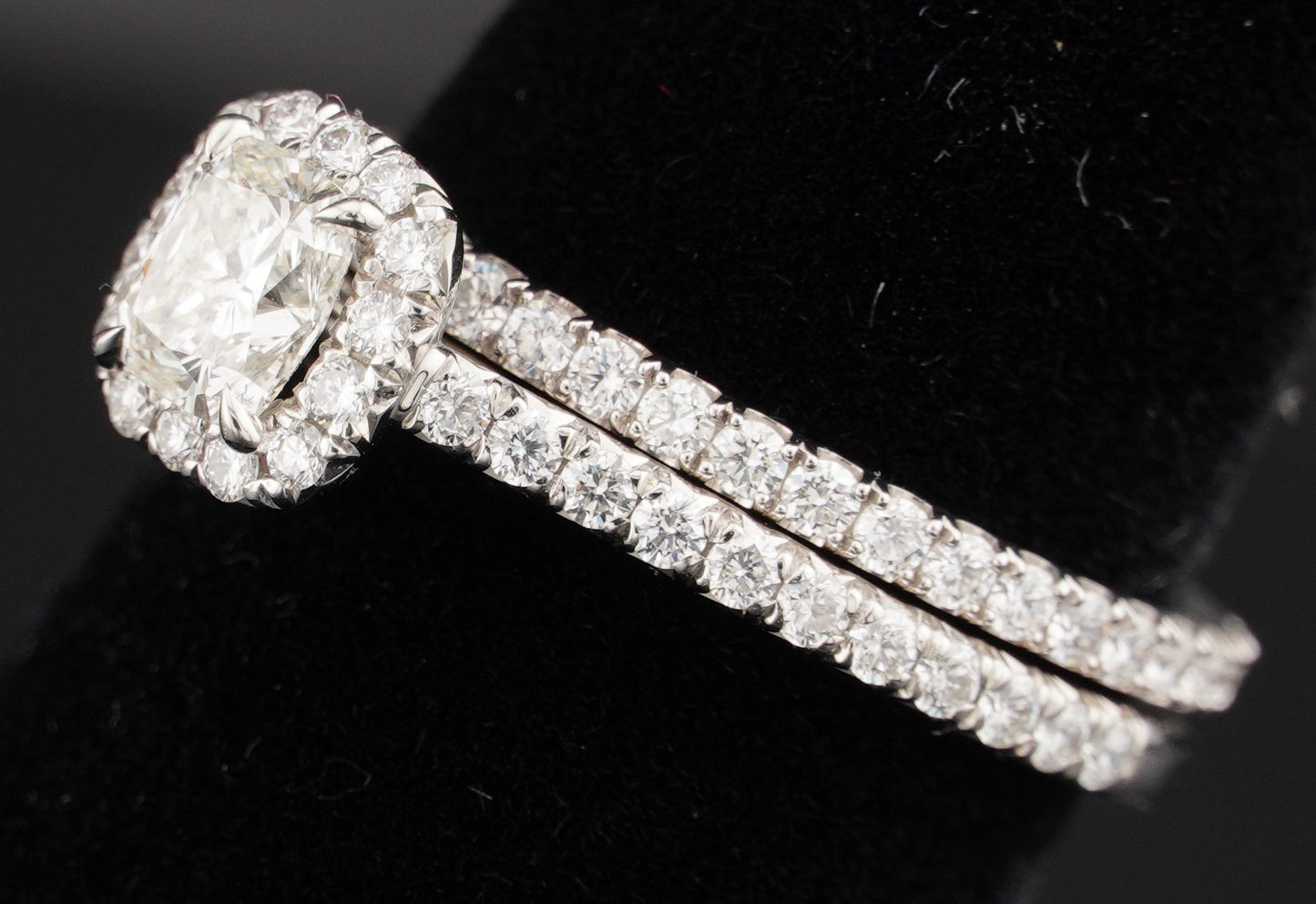 0.51Ct Cushion H VS2 Diamond in a Platinum Halo Setting with 36= .36ctw Round Brilliant G VS Diamonds Paired with a 28=.03ctw Round Brilliant G VS Diamond Platinum Wedding Band SIZE 6.5