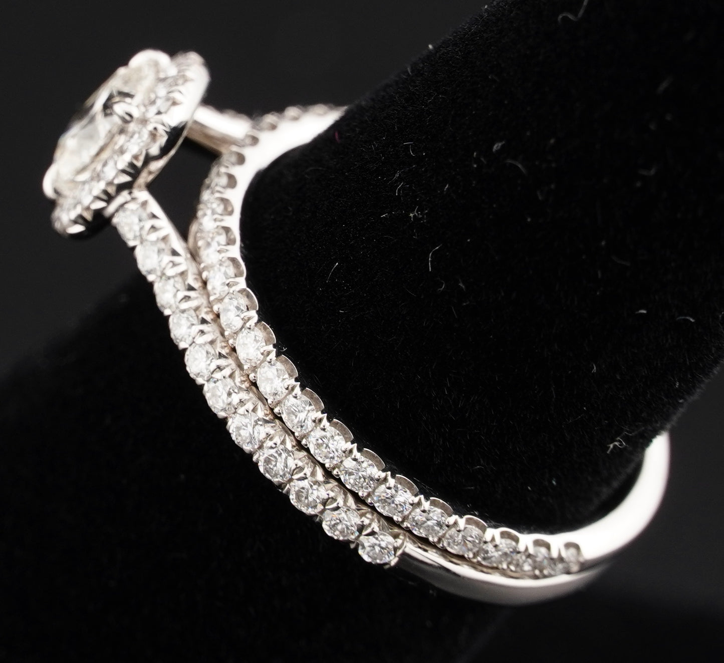 0.51Ct Cushion H VS2 Diamond in a Platinum Halo Setting with 36= .36ctw Round Brilliant G VS Diamonds Paired with a 28=.03ctw Round Brilliant G VS Diamond Platinum Wedding Band SIZE 6.5