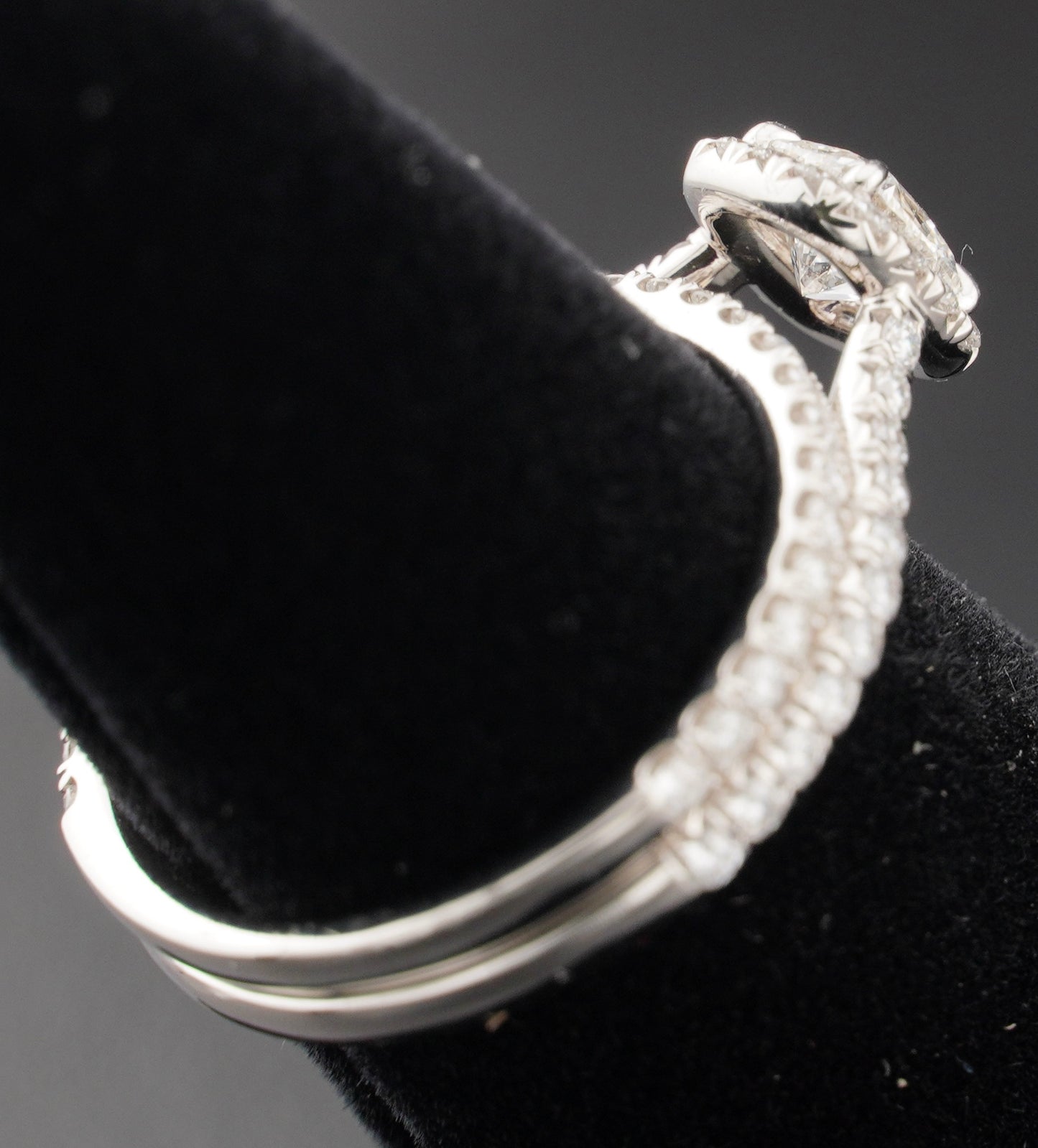 0.51Ct Cushion H VS2 Diamond in a Platinum Halo Setting with 36= .36ctw Round Brilliant G VS Diamonds Paired with a 28=.03ctw Round Brilliant G VS Diamond Platinum Wedding Band SIZE 6.5