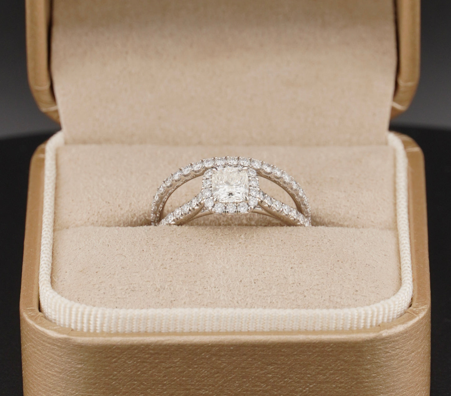 0.51Ct Cushion H VS2 Diamond in a Platinum Halo Setting with 36= .36ctw Round Brilliant G VS Diamonds Paired with a 28=.03ctw Round Brilliant G VS Diamond Platinum Wedding Band SIZE 6.5