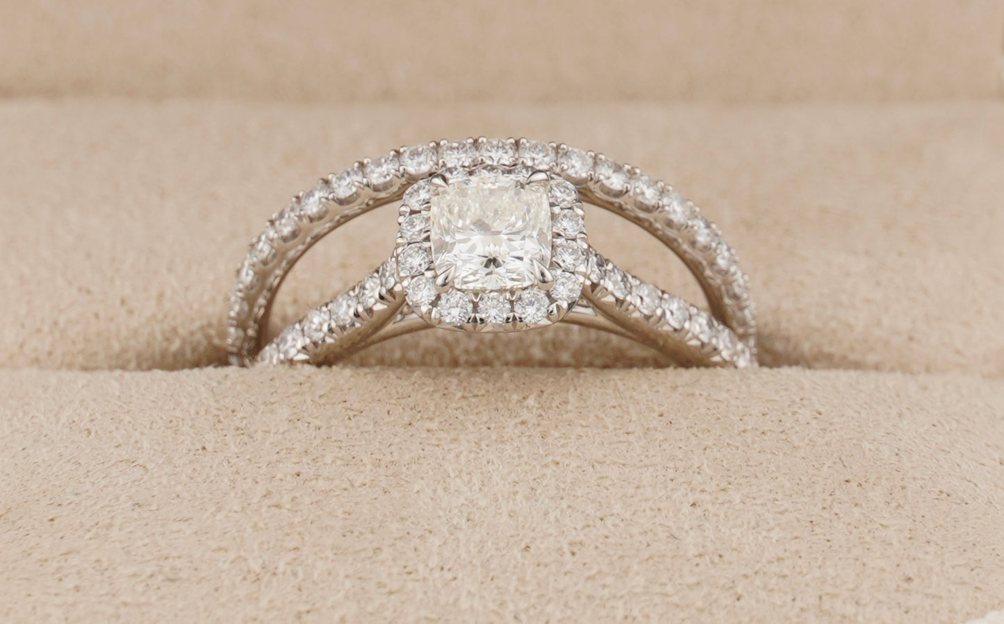 0.51Ct Cushion H VS2 Diamond in a Platinum Halo Setting with 36= .36ctw Round Brilliant G VS Diamonds Paired with a 28=.03ctw Round Brilliant G VS Diamond Platinum Wedding Band SIZE 6.5