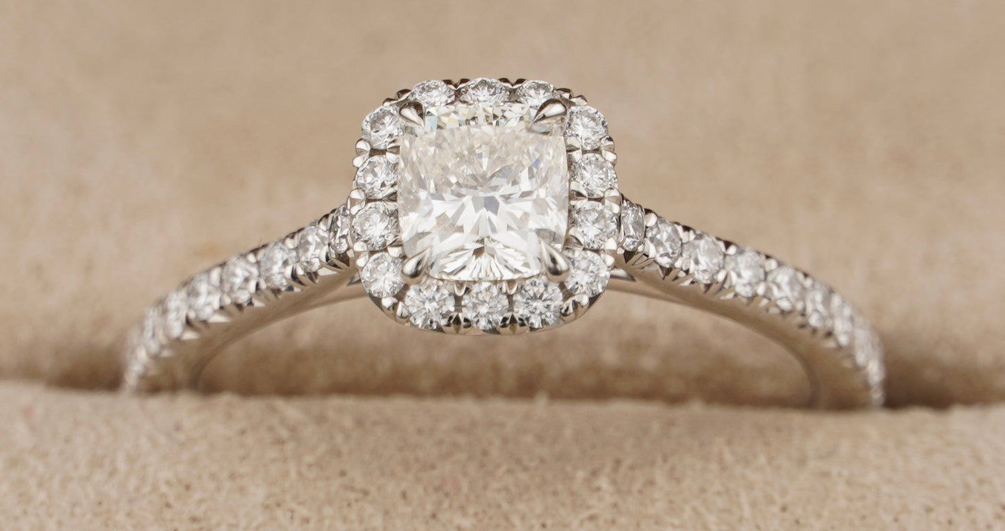 0.51Ct Cushion H VS2 Diamond in a Platinum Halo Setting with 36= .36ctw Round Brilliant G VS Diamonds Paired with a 28=.03ctw Round Brilliant G VS Diamond Platinum Wedding Band SIZE 6.5