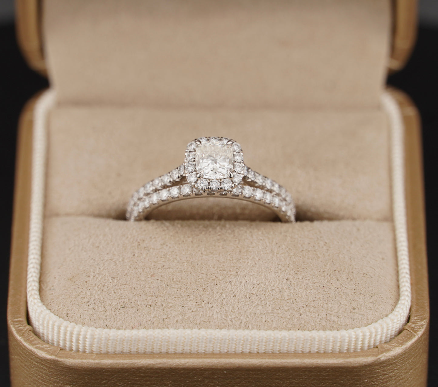 0.51Ct Cushion H VS2 Diamond in a Platinum Halo Setting with 36= .36ctw Round Brilliant G VS Diamonds Paired with a 28=.03ctw Round Brilliant G VS Diamond Platinum Wedding Band SIZE 6.5