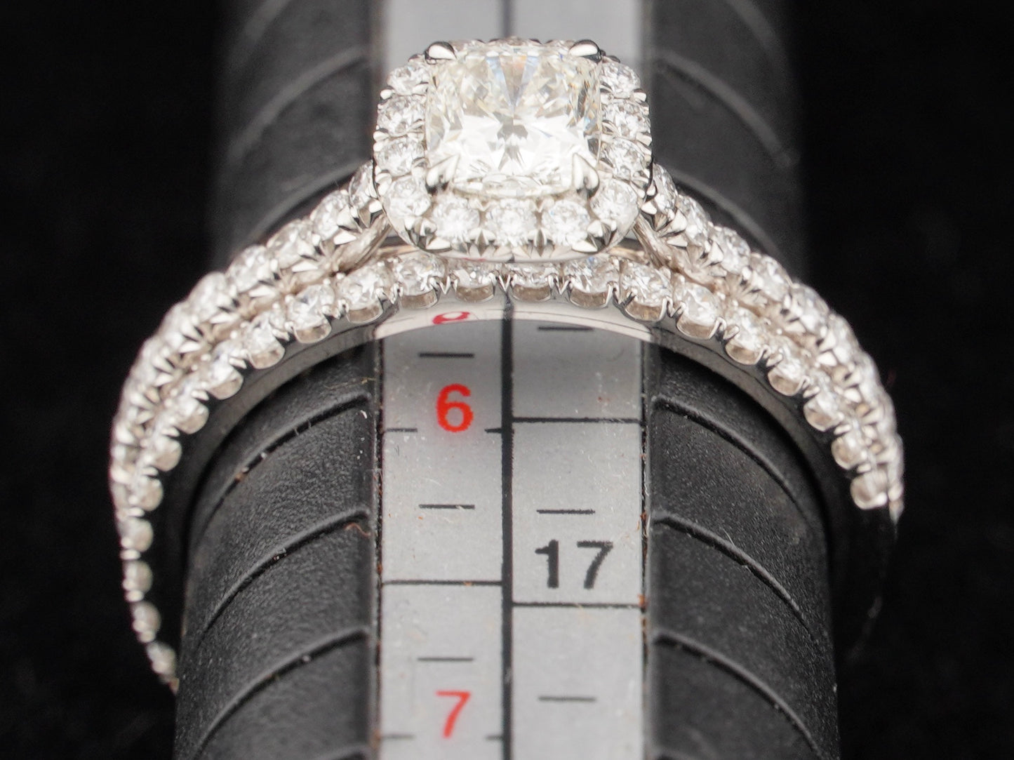 0.51Ct Cushion H VS2 Diamond in a Platinum Halo Setting with 36= .36ctw Round Brilliant G VS Diamonds Paired with a 28=.03ctw Round Brilliant G VS Diamond Platinum Wedding Band SIZE 6.5