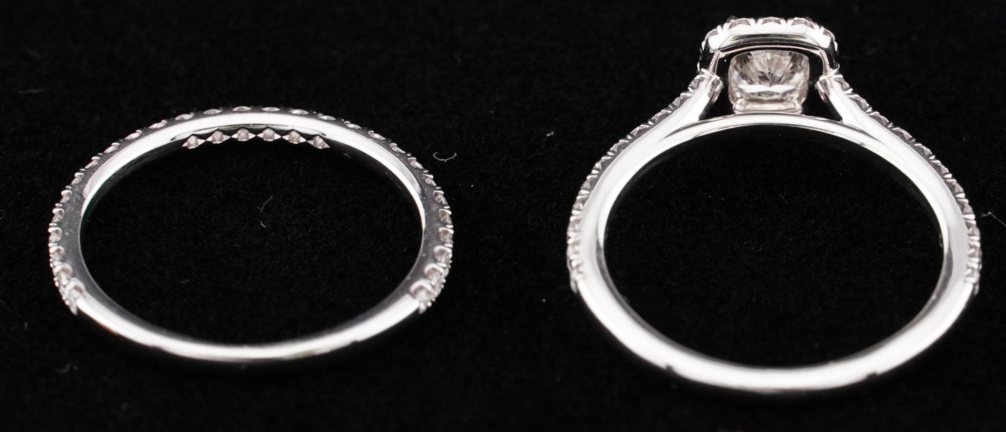 0.51Ct Cushion H VS2 Diamond in a Platinum Halo Setting with 36= .36ctw Round Brilliant G VS Diamonds Paired with a 28=.03ctw Round Brilliant G VS Diamond Platinum Wedding Band SIZE 6.5