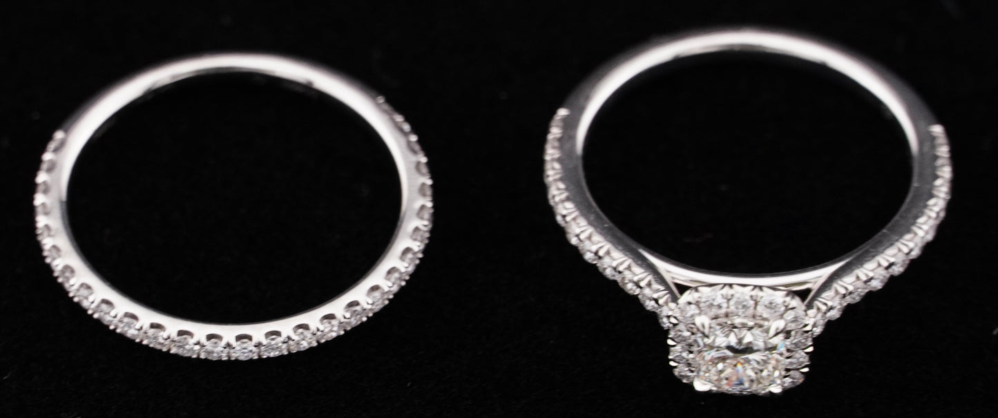0.51Ct Cushion H VS2 Diamond in a Platinum Halo Setting with 36= .36ctw Round Brilliant G VS Diamonds Paired with a 28=.03ctw Round Brilliant G VS Diamond Platinum Wedding Band SIZE 6.5