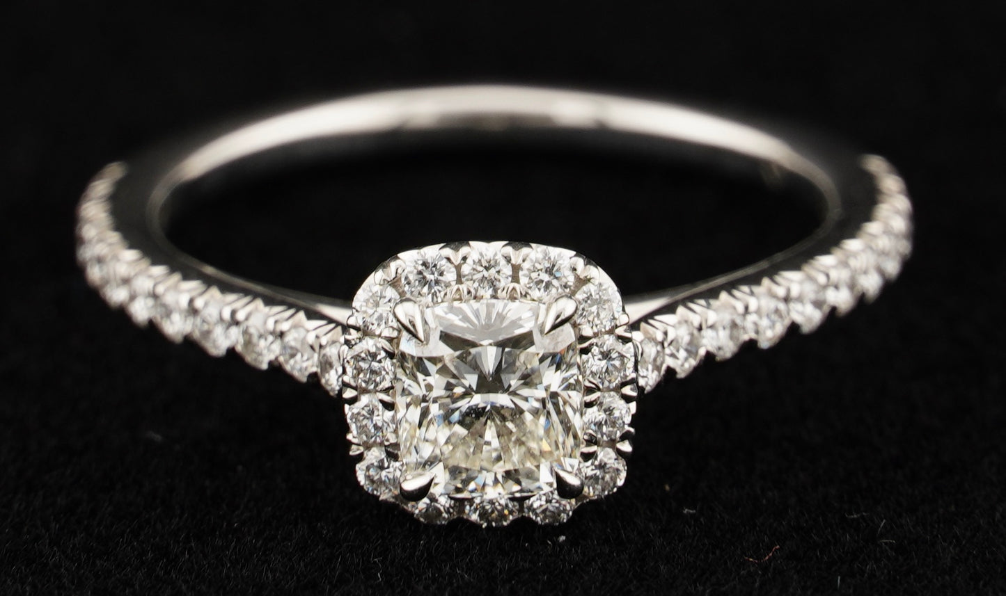 0.51Ct Cushion H VS2 Diamond in a Platinum Halo Setting with 36= .36ctw Round Brilliant G VS Diamonds Paired with a 28=.03ctw Round Brilliant G VS Diamond Platinum Wedding Band SIZE 6.5