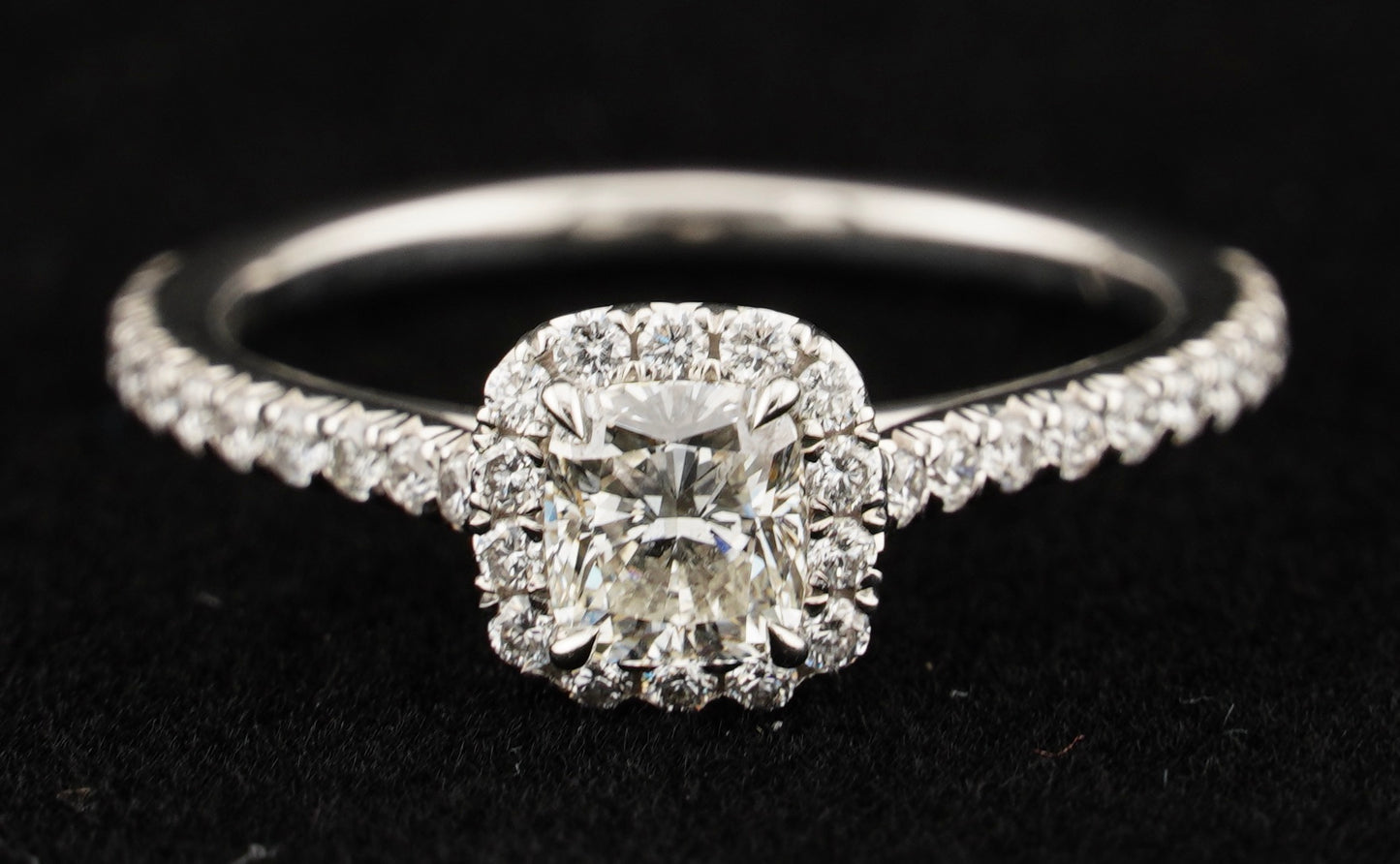 0.51Ct Cushion H VS2 Diamond in a Platinum Halo Setting with 36= .36ctw Round Brilliant G VS Diamonds Paired with a 28=.03ctw Round Brilliant G VS Diamond Platinum Wedding Band SIZE 6.5