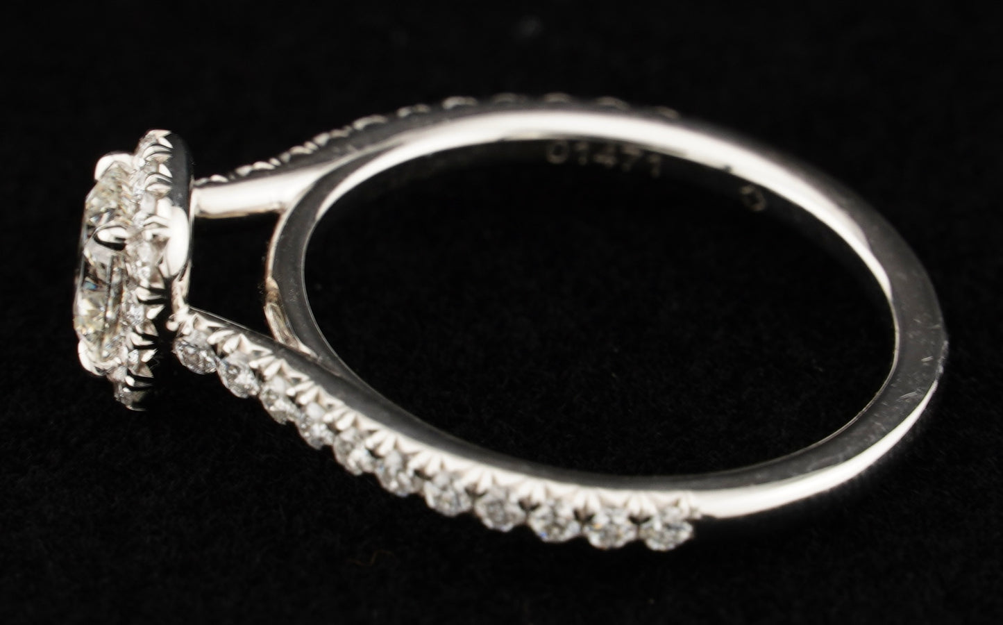 0.51Ct Cushion H VS2 Diamond in a Platinum Halo Setting with 36= .36ctw Round Brilliant G VS Diamonds Paired with a 28=.03ctw Round Brilliant G VS Diamond Platinum Wedding Band SIZE 6.5