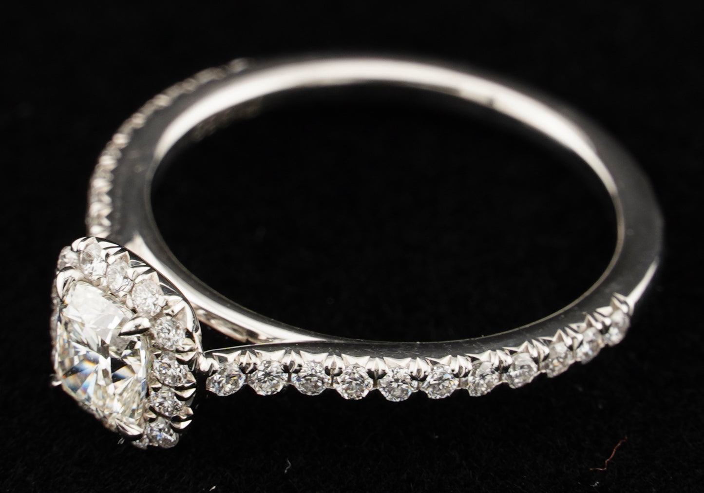0.51Ct Cushion H VS2 Diamond in a Platinum Halo Setting with 36= .36ctw Round Brilliant G VS Diamonds Paired with a 28=.03ctw Round Brilliant G VS Diamond Platinum Wedding Band SIZE 6.5
