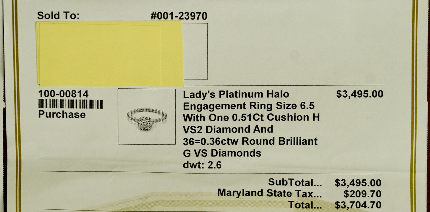 0.51Ct Cushion H VS2 Diamond in a Platinum Halo Setting with 36= .36ctw Round Brilliant G VS Diamonds Paired with a 28=.03ctw Round Brilliant G VS Diamond Platinum Wedding Band SIZE 6.5