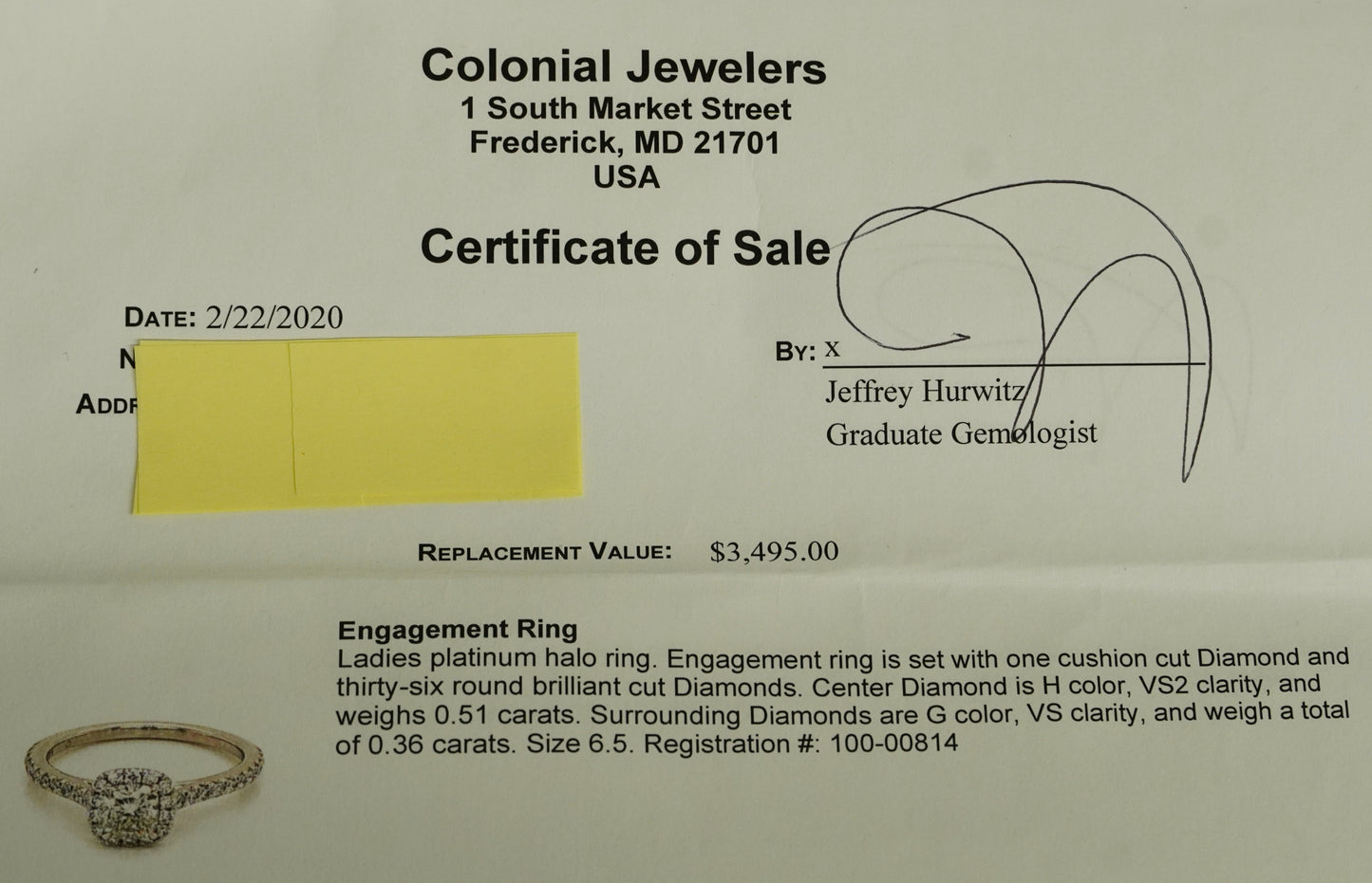 0.51Ct Cushion H VS2 Diamond in a Platinum Halo Setting with 36= .36ctw Round Brilliant G VS Diamonds Paired with a 28=.03ctw Round Brilliant G VS Diamond Platinum Wedding Band SIZE 6.5