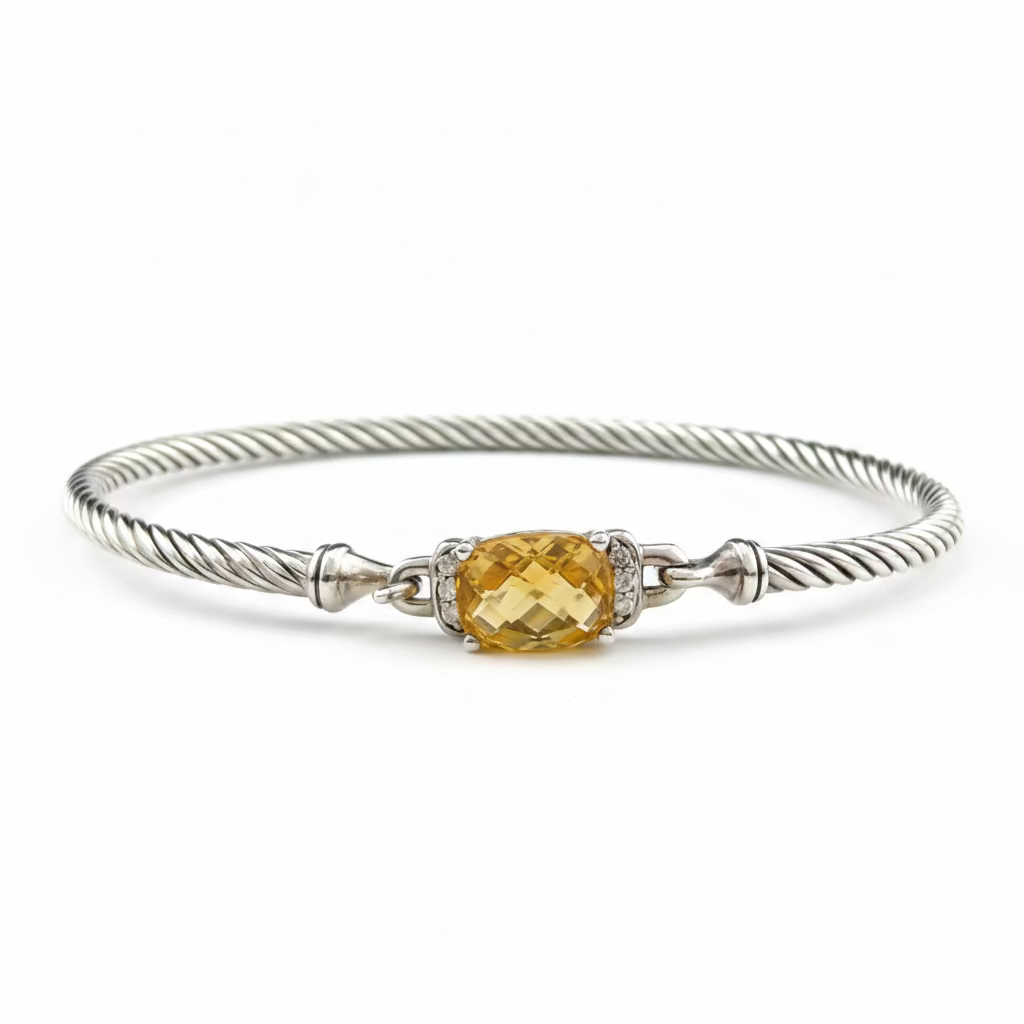 David Yurman Wheaton Collection Sterling Silver Cable Faceted Citrine Diamond Bracelet
