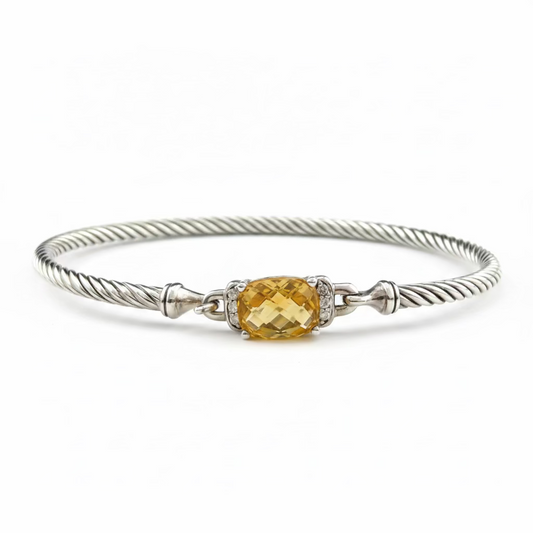 David Yurman Wheaton Collection Sterling Silver Cable Faceted Citrine Diamond Bracelet