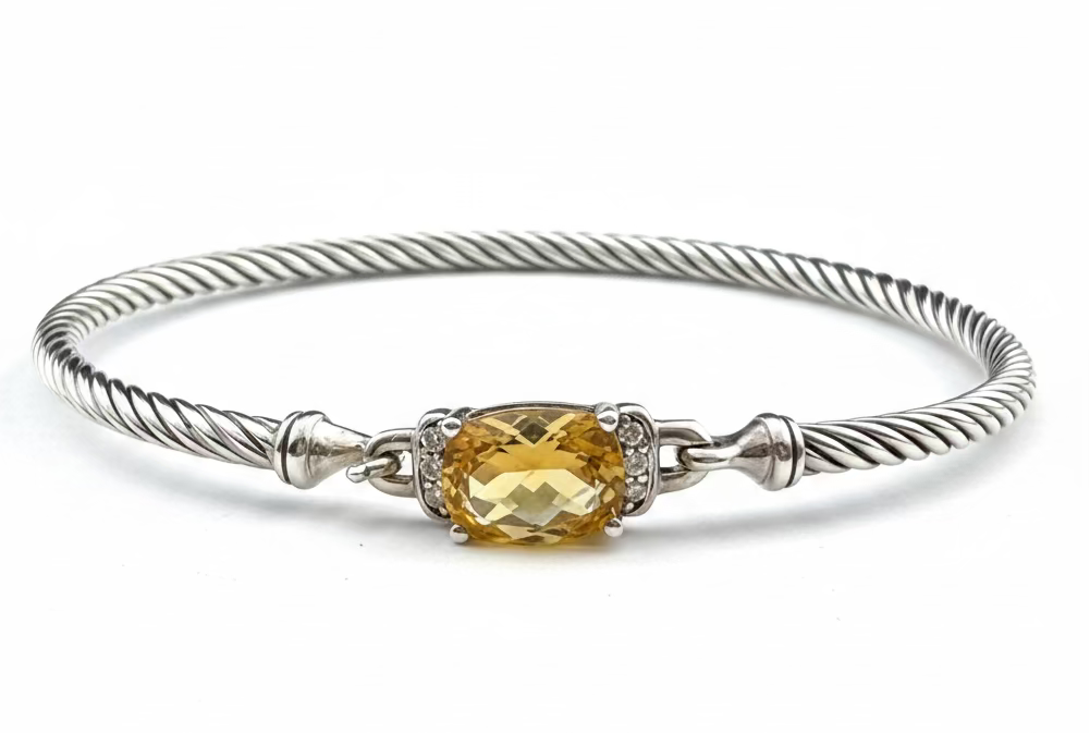 David Yurman Wheaton Collection Sterling Silver Cable Faceted Citrine Diamond Bracelet