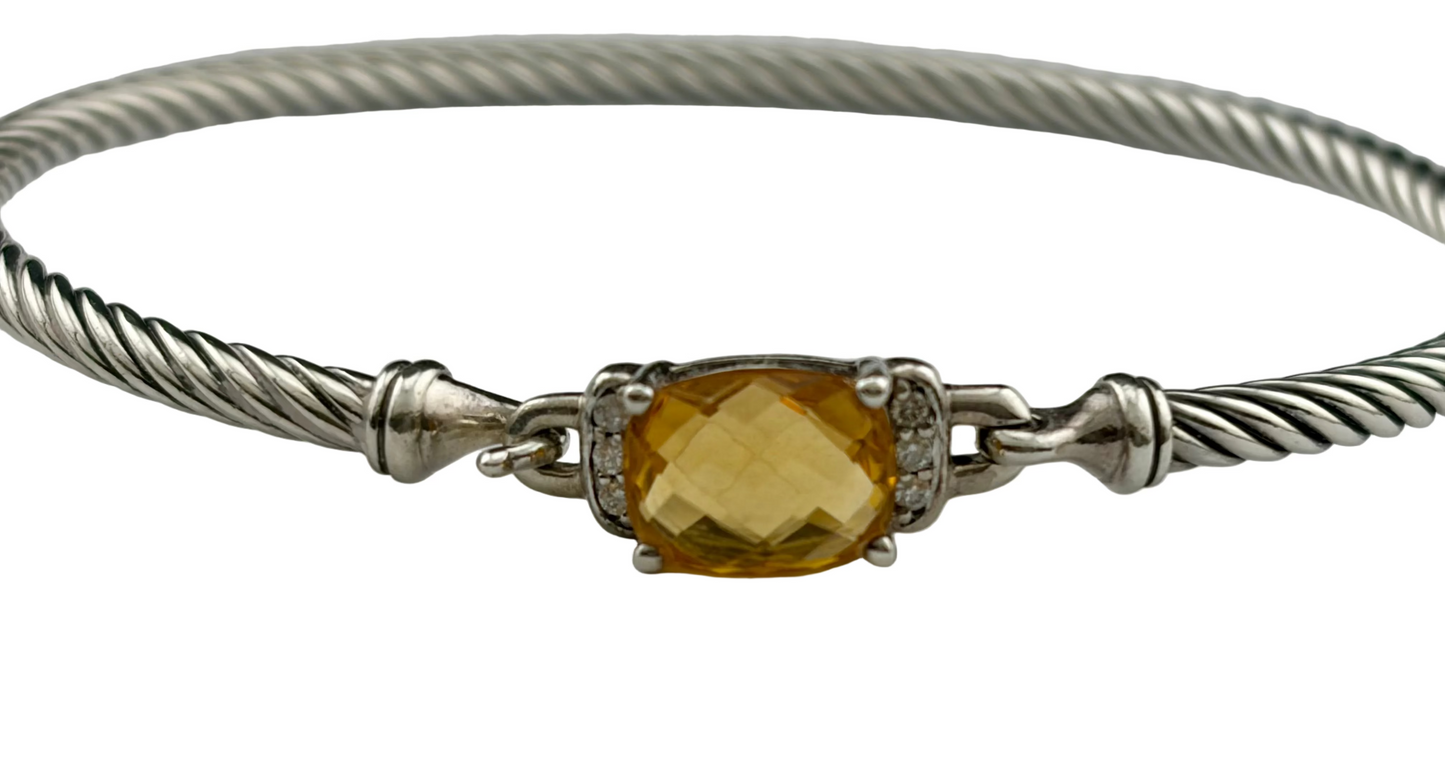David Yurman Wheaton Collection Sterling Silver Cable Faceted Citrine Diamond Bracelet