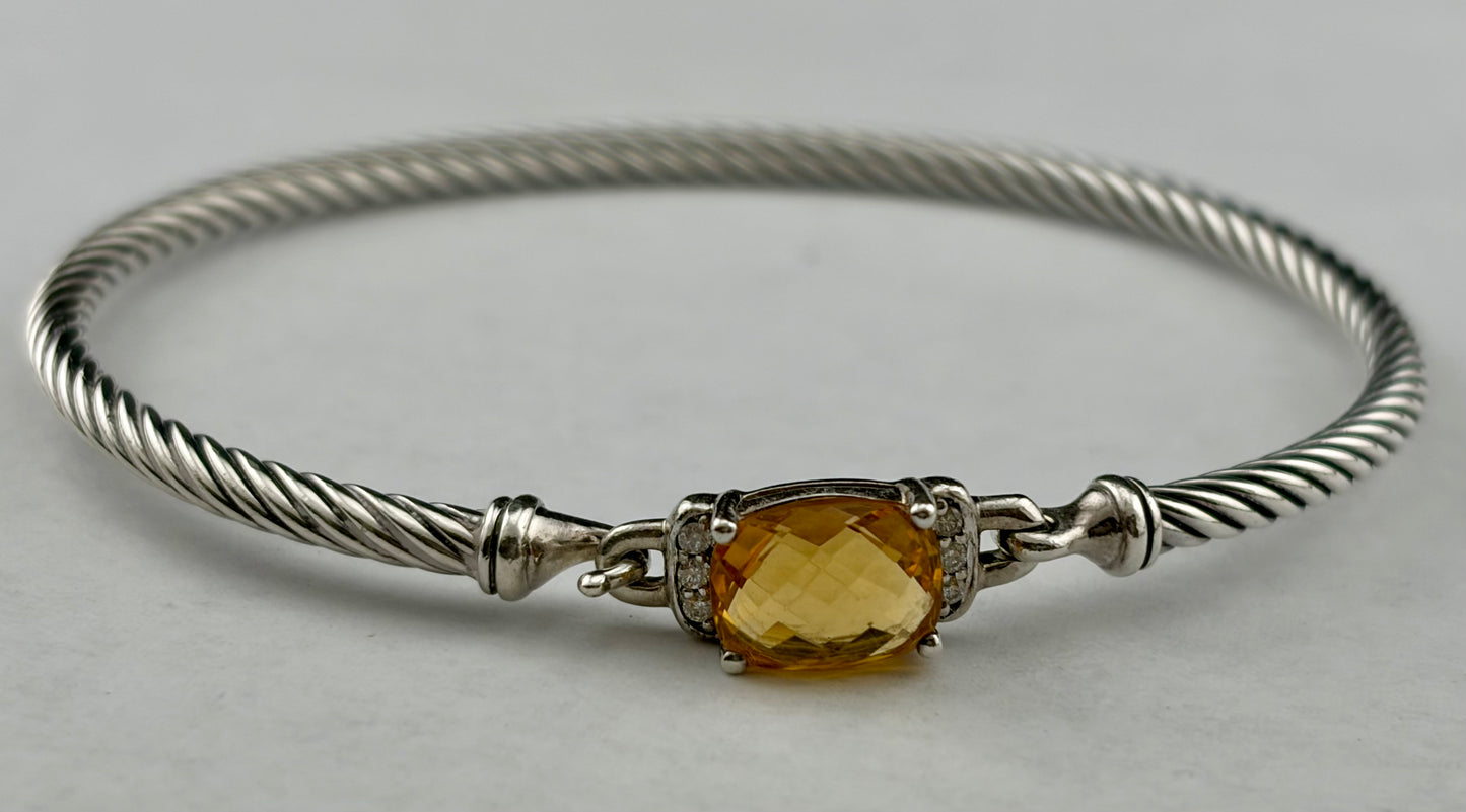 David Yurman Wheaton Collection Sterling Silver Cable Faceted Citrine Diamond Bracelet